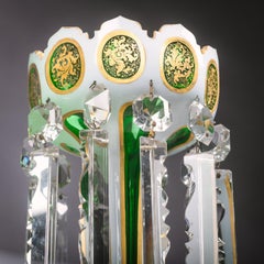 A  Pair of Green and White Overlay Glass Lustres