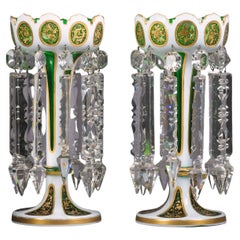 A  Pair of Green and White Overlay Glass Lustres