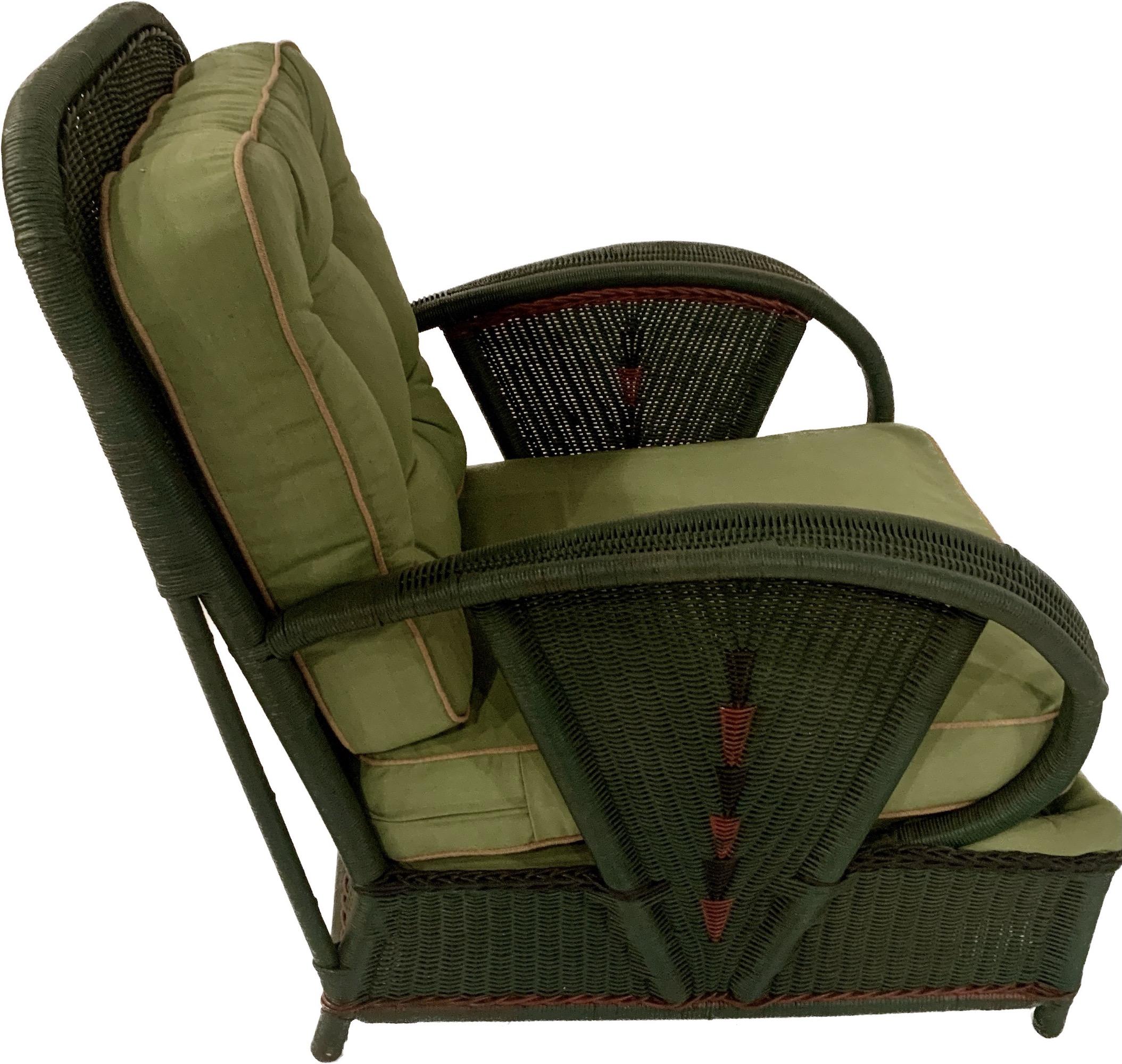 Upholstery Pair of Green Antique Wicker Art Deco Lounge Chairs with Decorative Trim For Sale