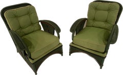 A Pair of  Antique Wicker Green Art Deco Lounge Chairs with Decorative Trim