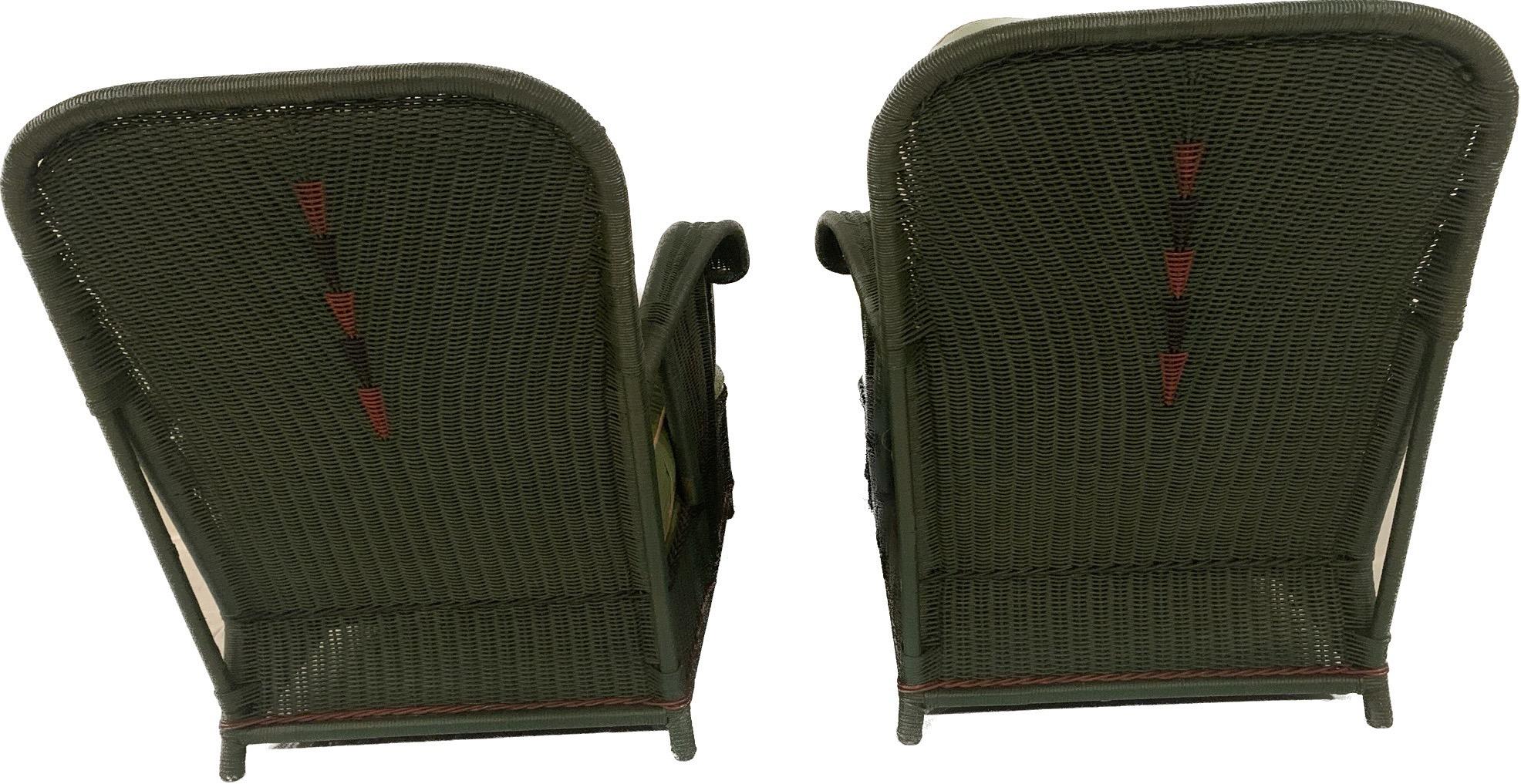 American Pair of Green Antique Wicker Art Deco Lounge Chairs with Decorative Trim For Sale