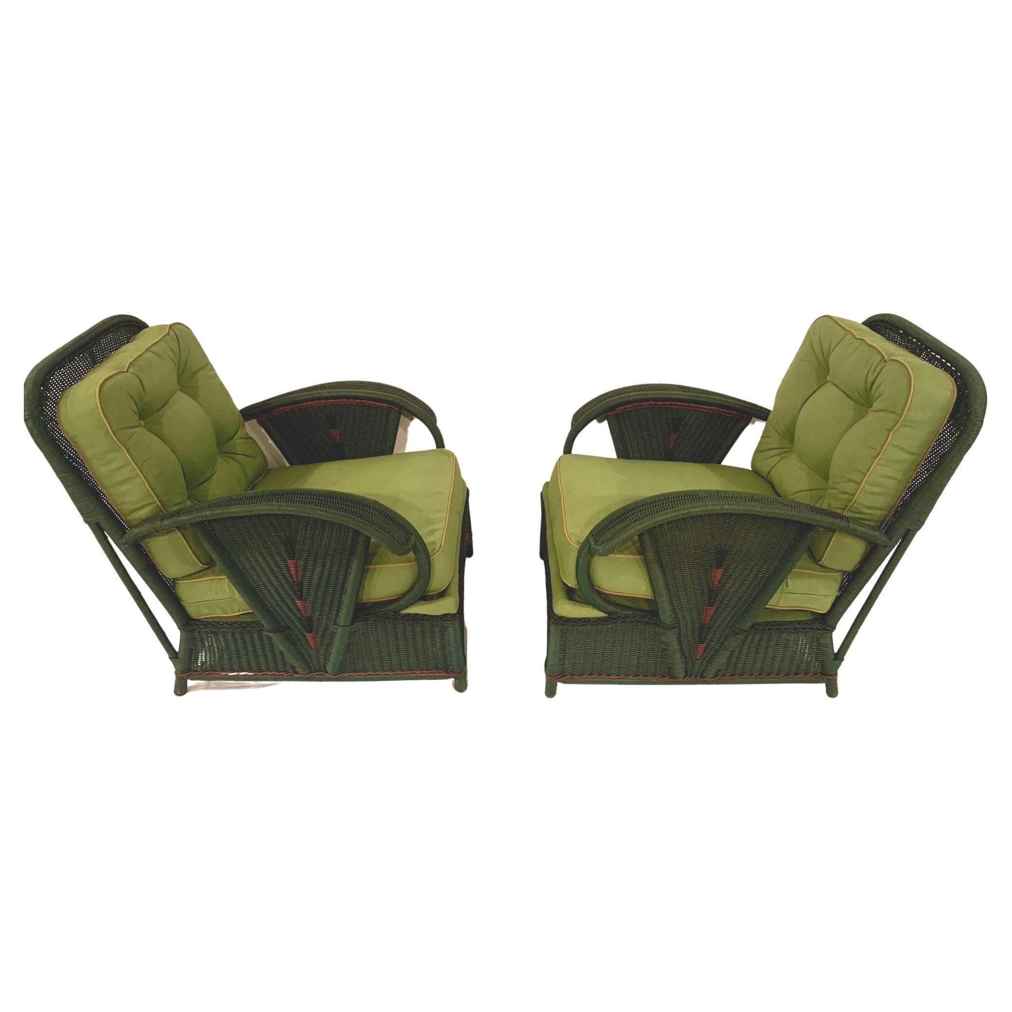 Early 20th Century Pair of Green Antique Wicker Art Deco Lounge Chairs with Decorative Trim For Sale