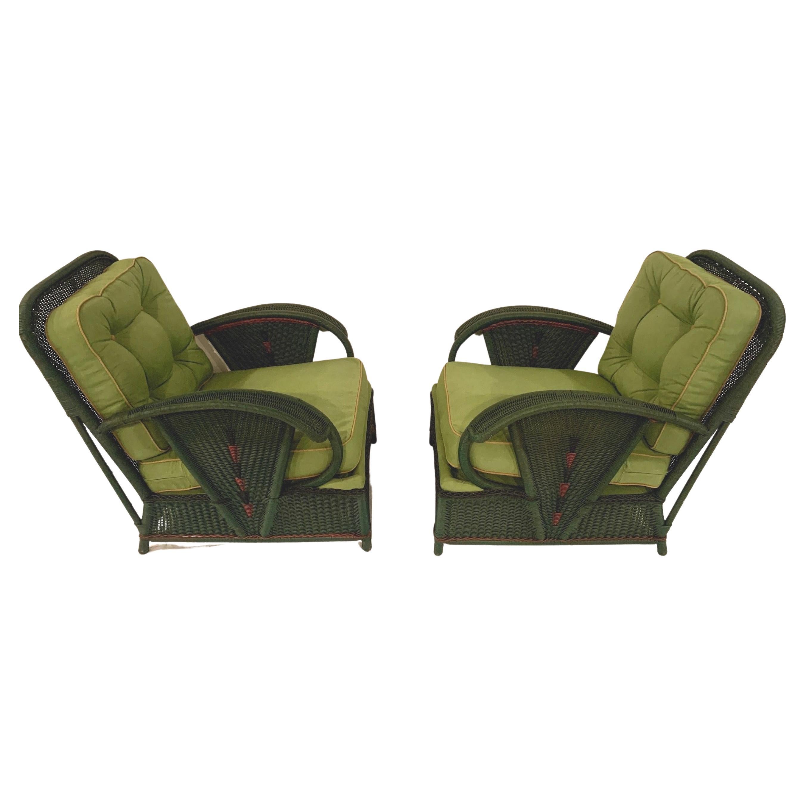 Pair of Green Antique Wicker Art Deco Lounge Chairs with Decorative Trim For Sale