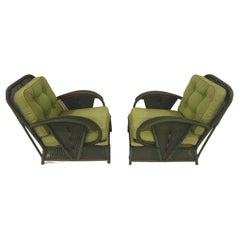 Pair of Green Antique Wicker Art Deco Lounge Chairs with Decorative Trim