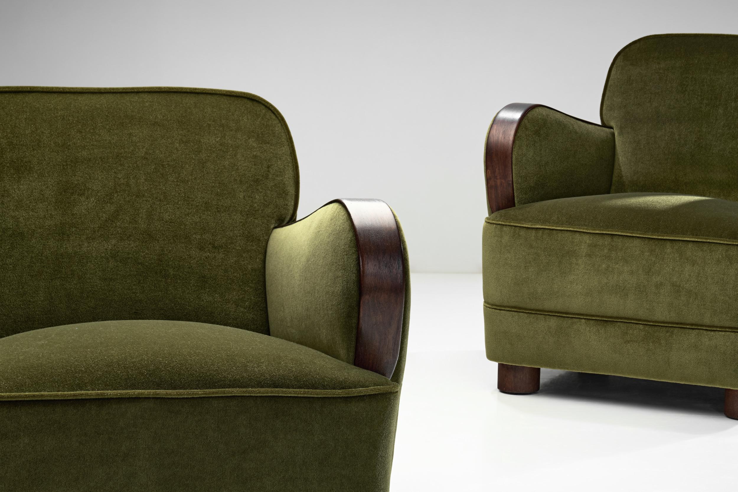Fabric A Pair of Green Art Deco Armchairs, Europe 1930s For Sale