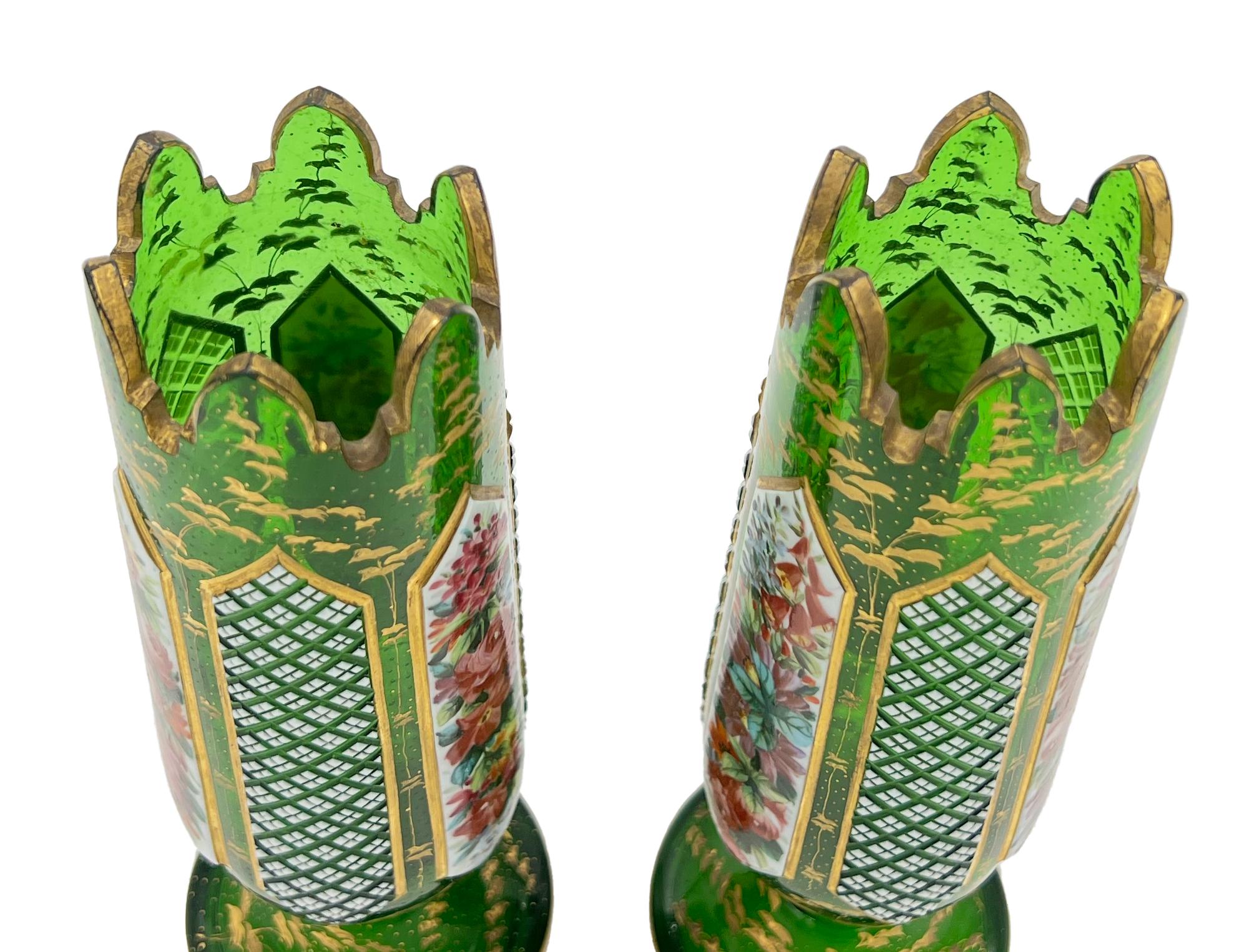 A Pair Of Green Bohemian Flashed Glass Vases, 19th Century  In Good Condition For Sale In London, GB