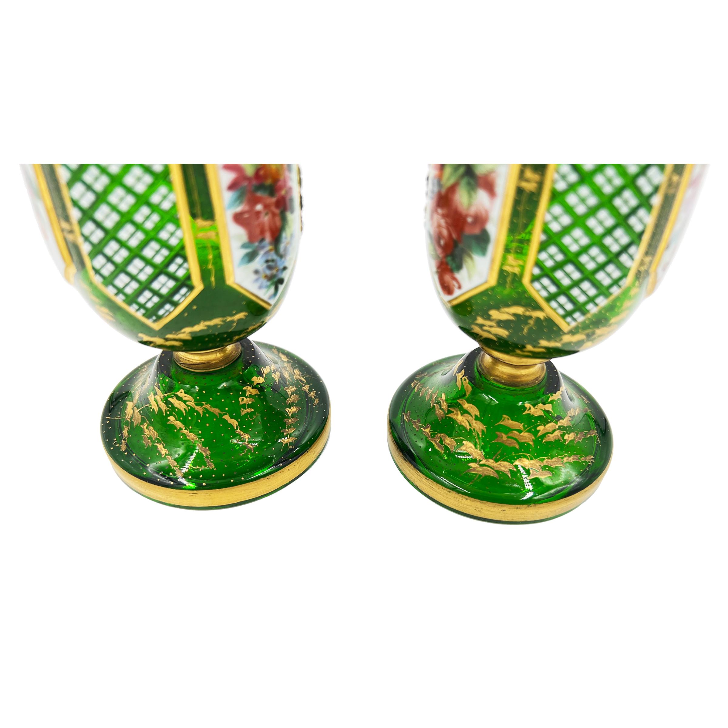A Pair Of Green Bohemian Flashed Glass Vases, 19th Century  For Sale 1