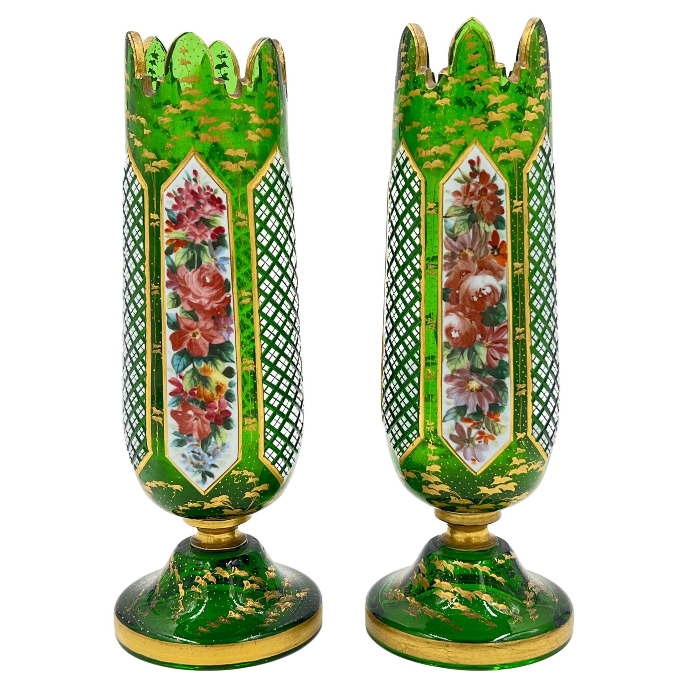 A Pair Of Green Bohemian Flashed Glass Vases, 19th Century  For Sale