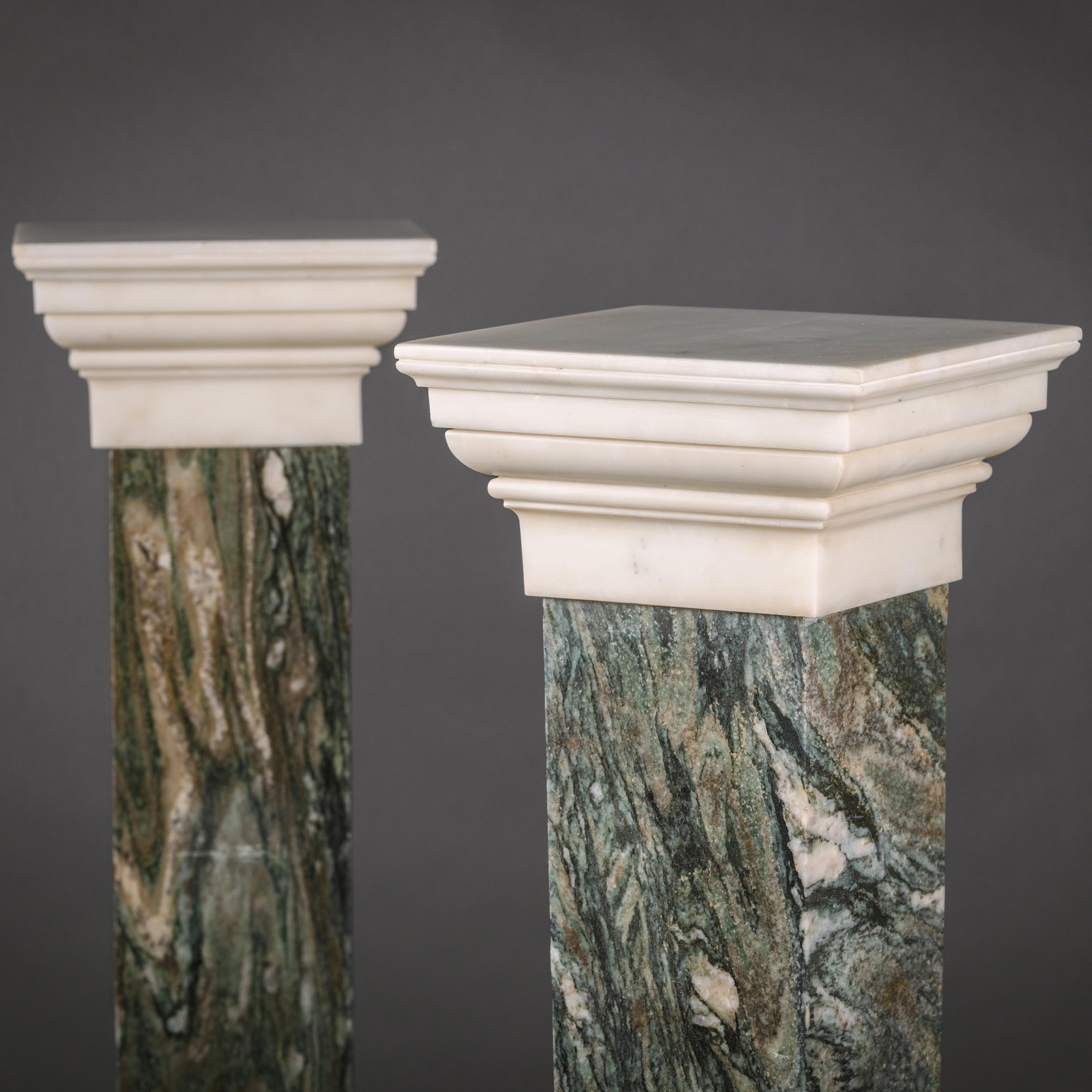 French Pair of Green Breccia and Carrara Marble Pedestals For Sale