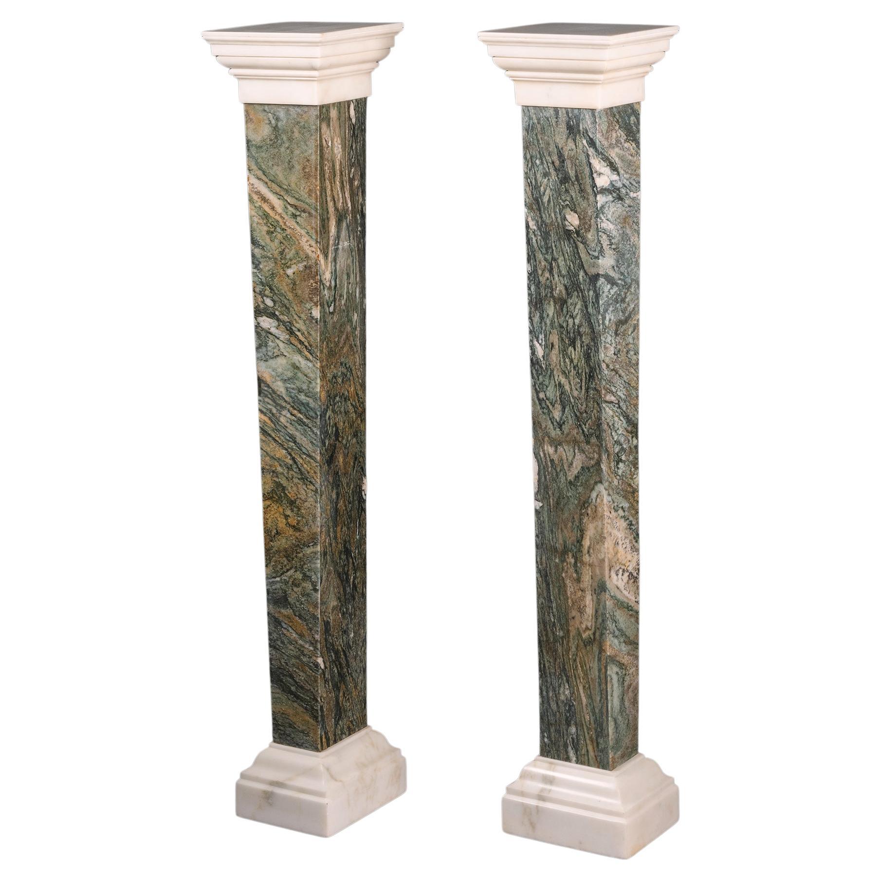 Pair of Green Breccia and Carrara Marble Pedestals For Sale
