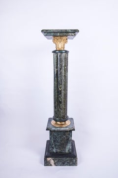Pair of Green Floor Standing Marble Pedestals with Bronze Acanthus Capitals