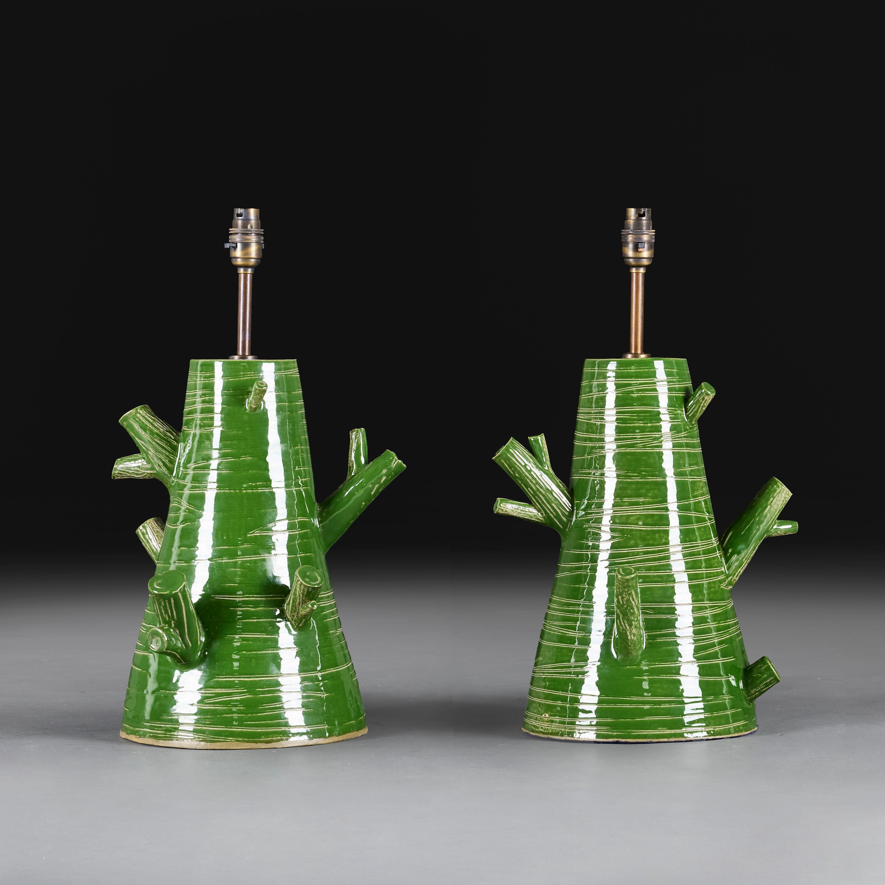 English A Pair of Green Glaze Art Pottery Tree Lamps For Sale
