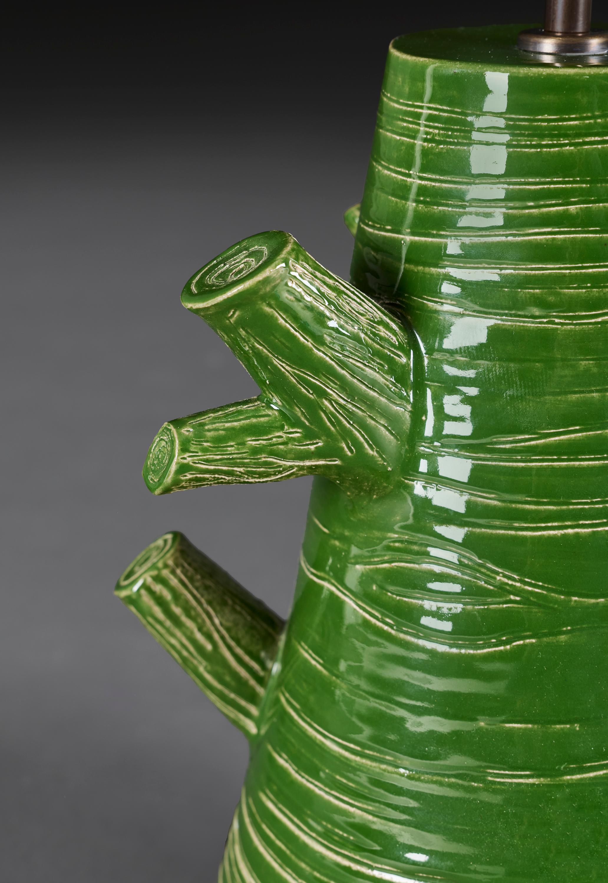A Pair of Green Glaze Art Pottery Tree Lamps In Good Condition For Sale In London, GB