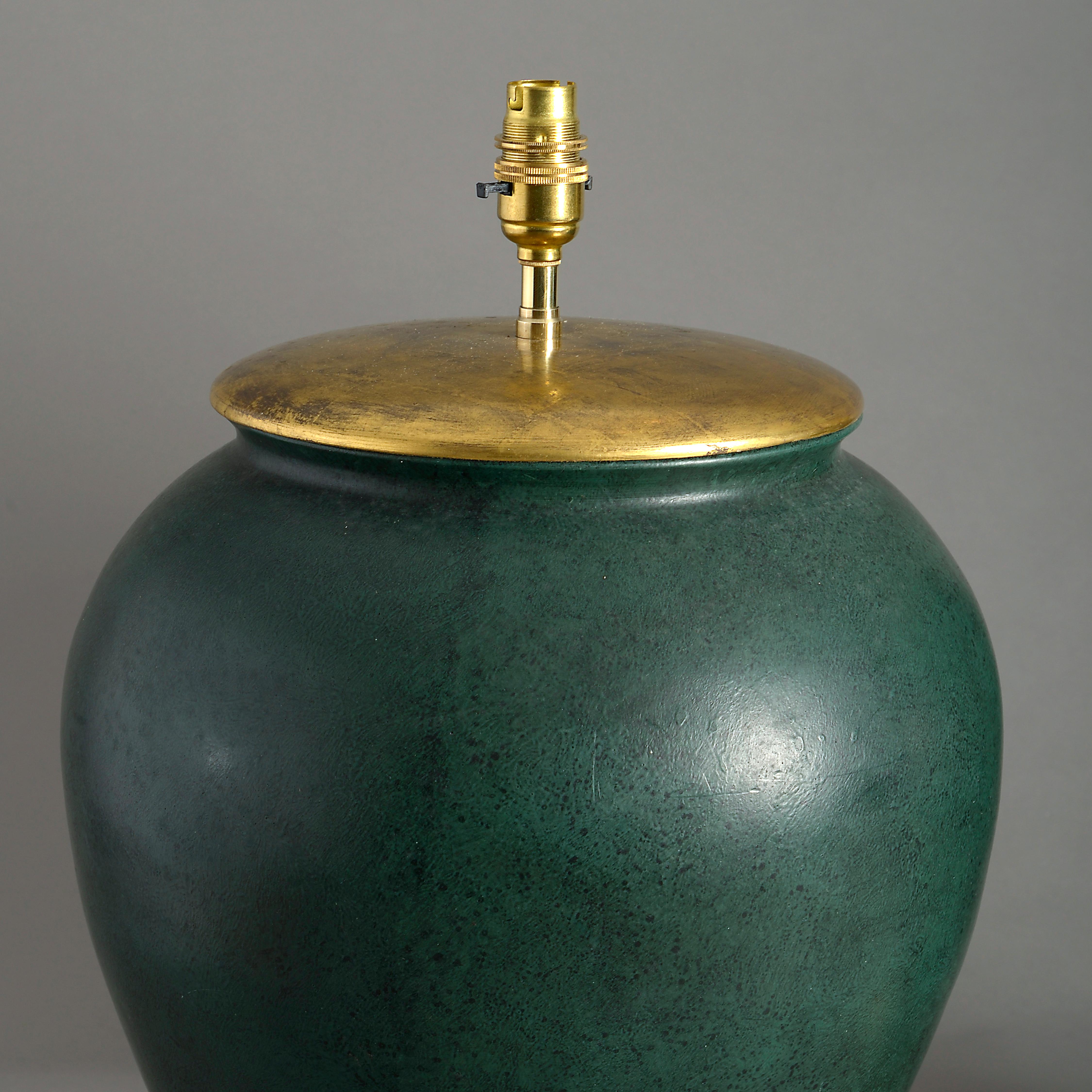 English Pair of Green Glazed Ceramic Jar Lamps