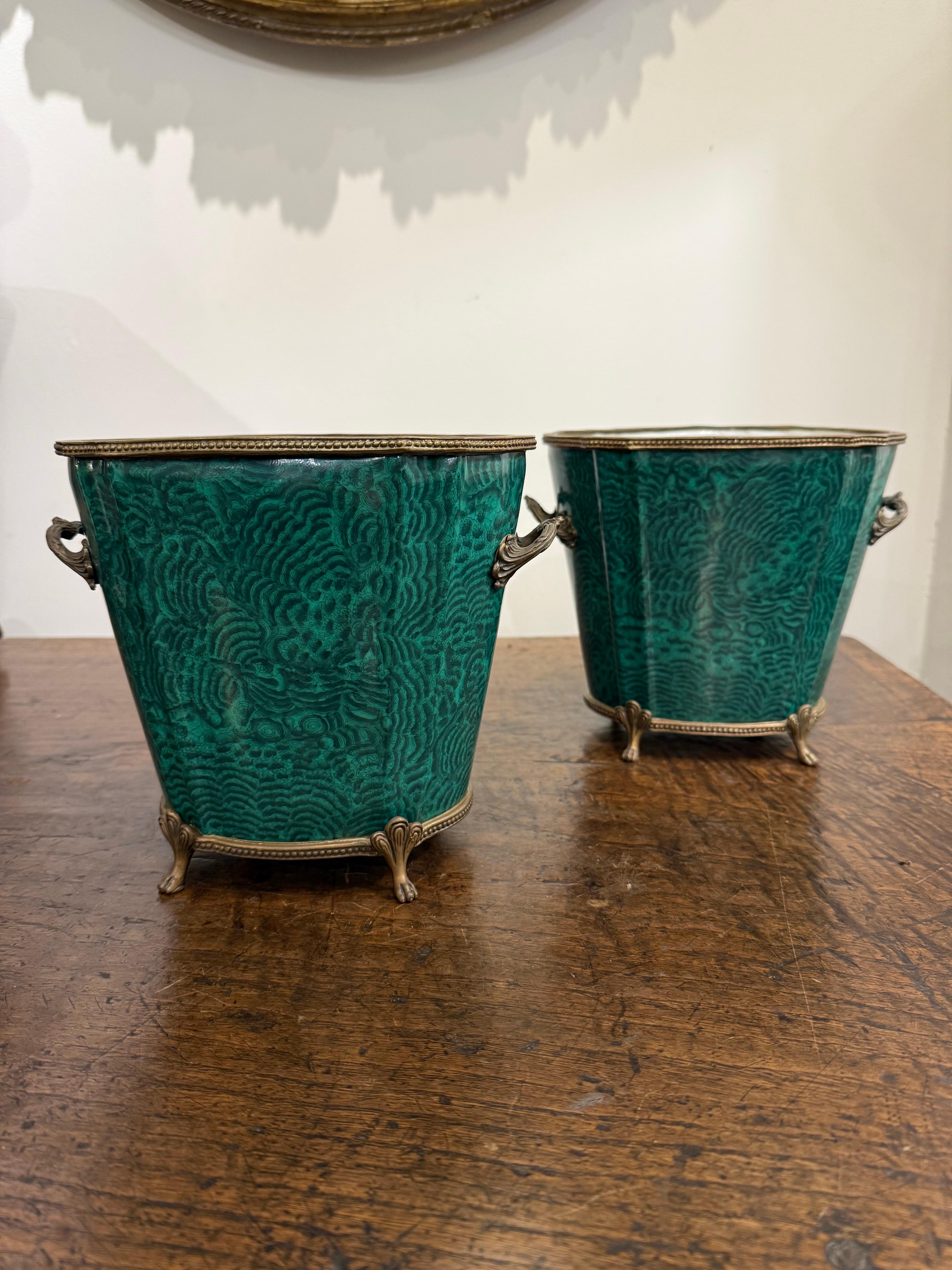 A Pair of Green Glazed Jardinieres with Ormolu Mounts, 19th Century

Provenance: Private Australian Collection.

Dimensions:
Height: 18cm.
Width: 21.5cm.
Depth: 15.5cm.