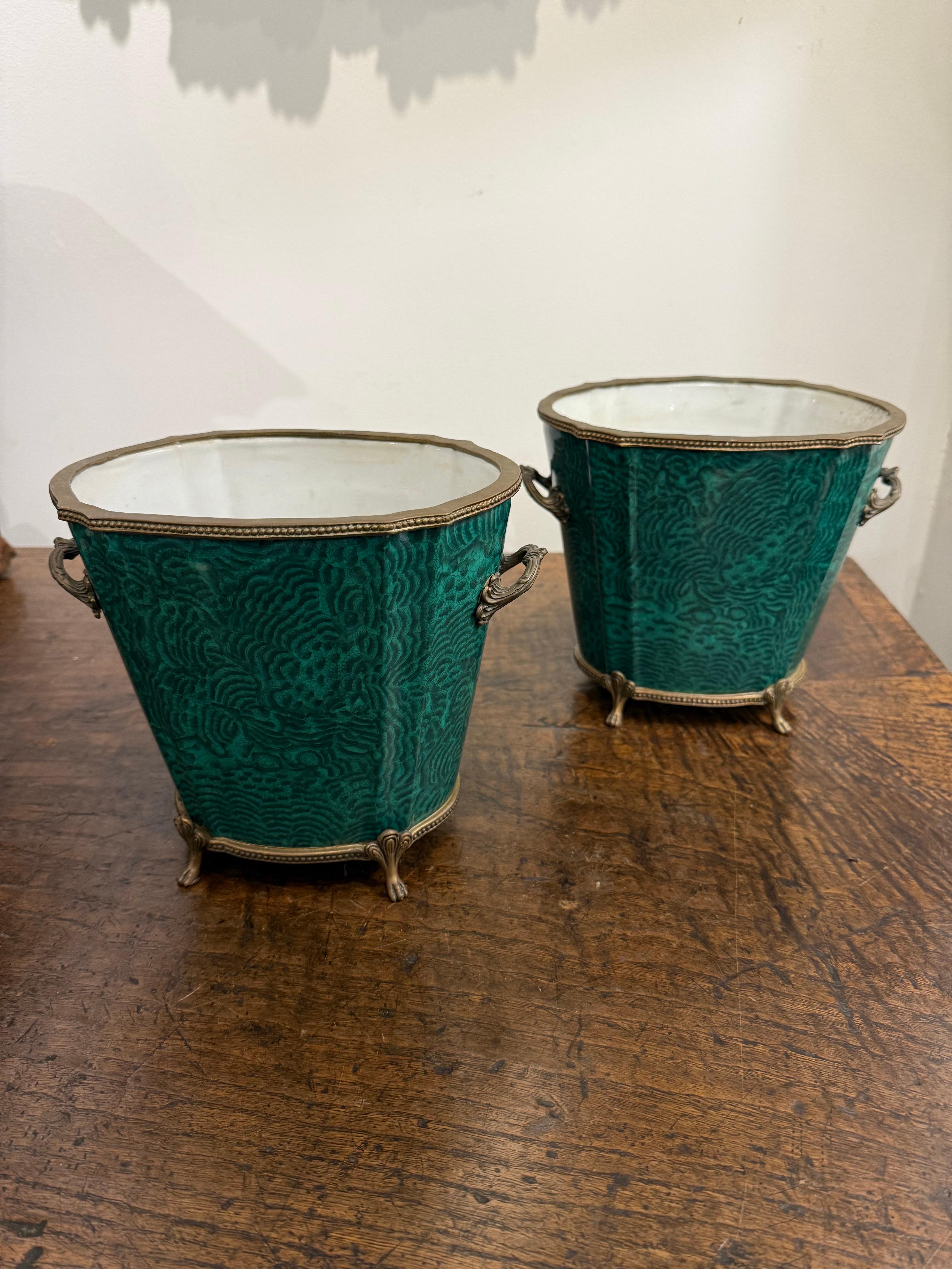 French A Pair of Green Glazed Jardinieres with Ormolu Mounts, 19th Century For Sale