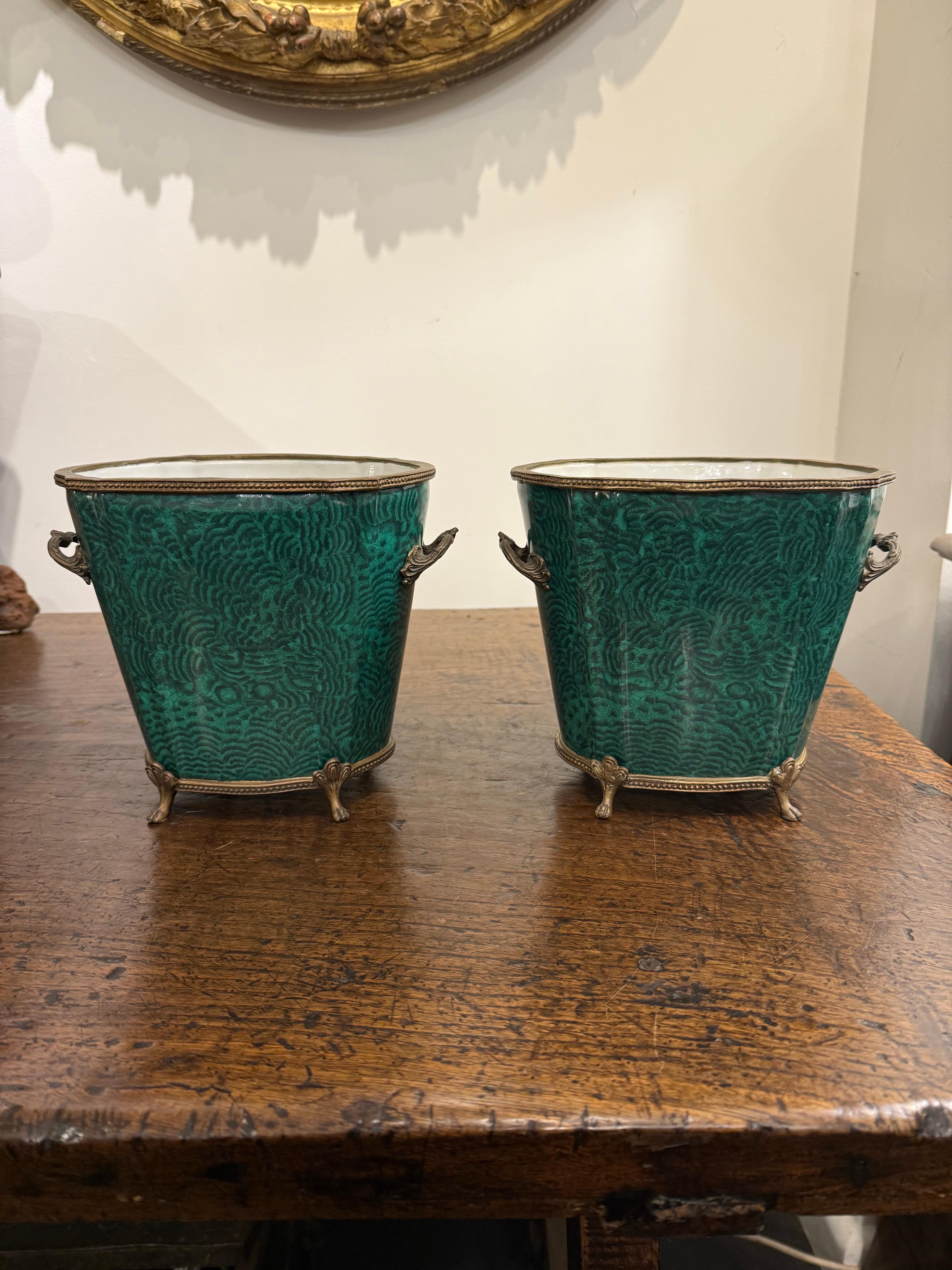 A Pair of Green Glazed Jardinieres with Ormolu Mounts, 19th Century In Good Condition For Sale In ARMADALE, VIC