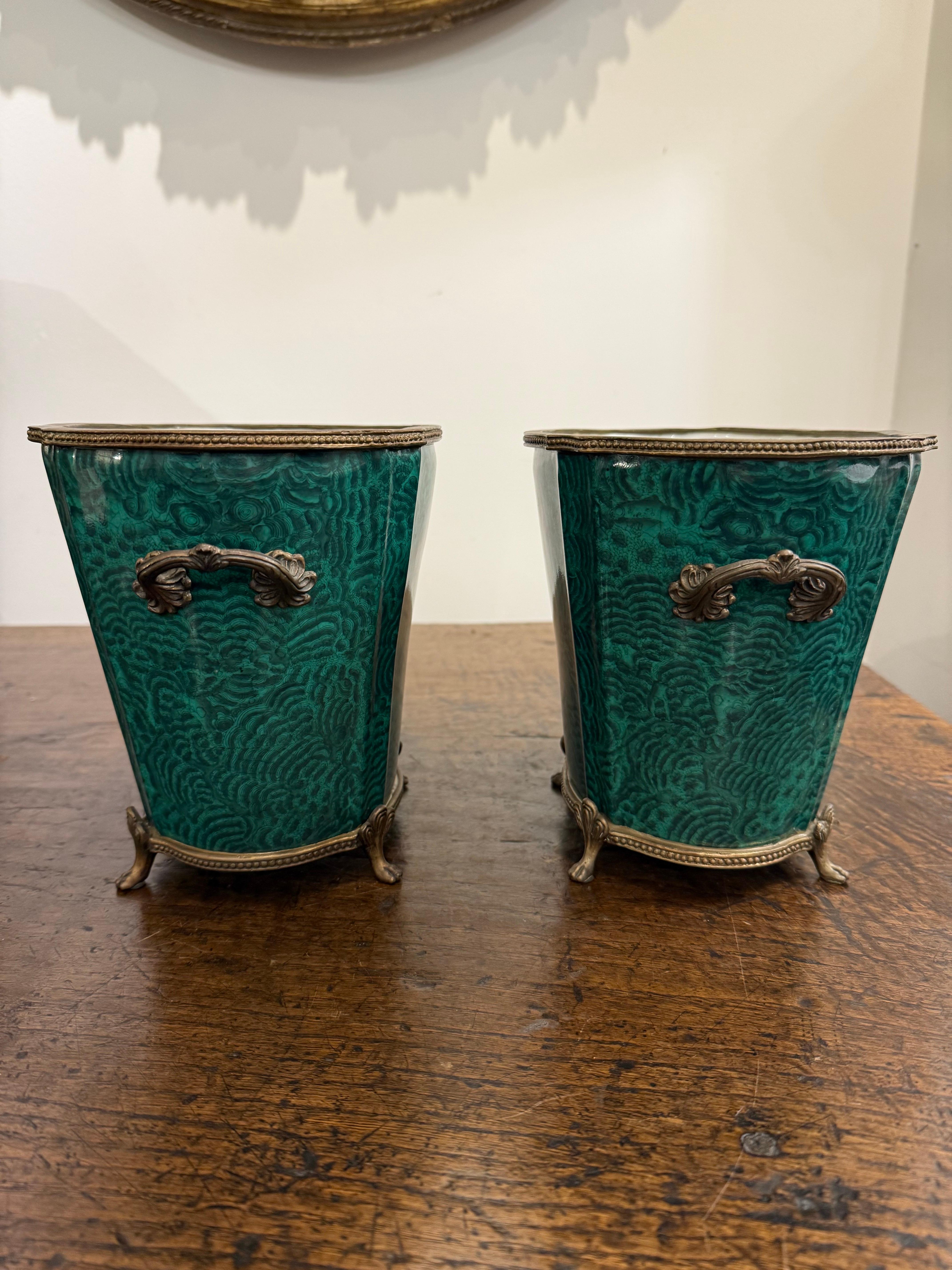 Porcelain A Pair of Green Glazed Jardinieres with Ormolu Mounts, 19th Century For Sale