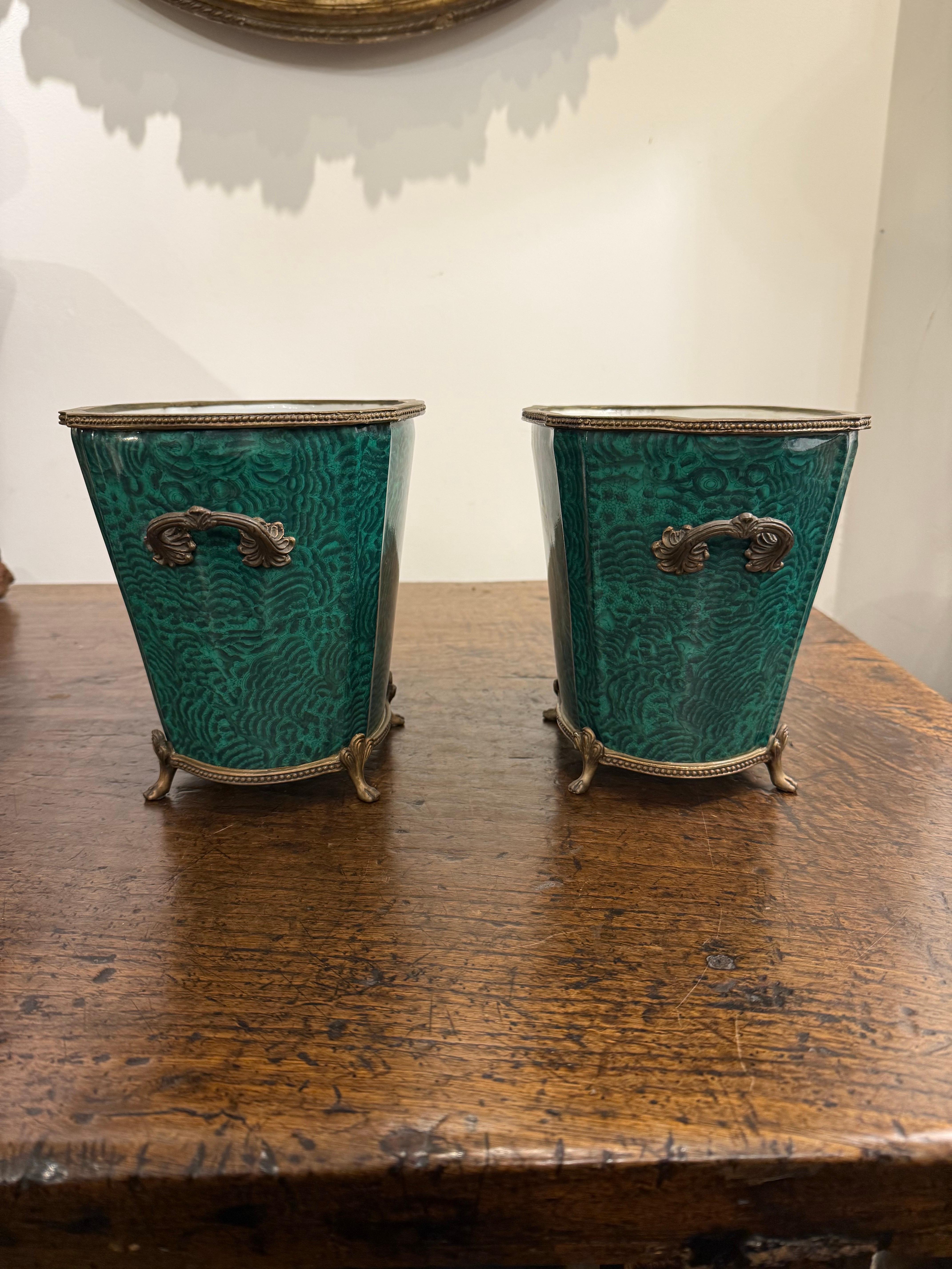 A Pair of Green Glazed Jardinieres with Ormolu Mounts, 19th Century For Sale 1