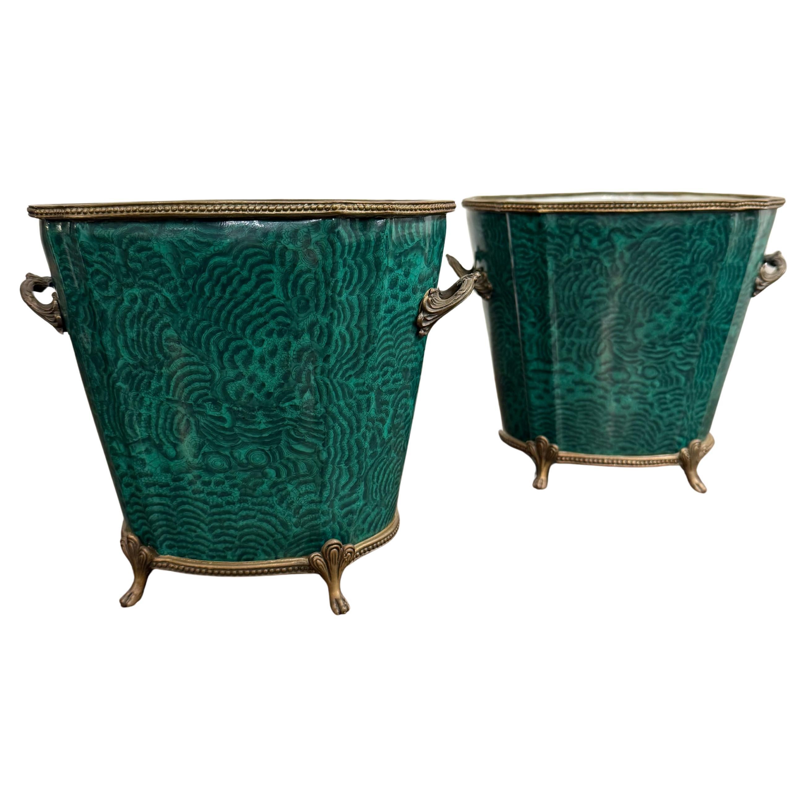 A Pair of Green Glazed Jardinieres with Ormolu Mounts, 19th Century For Sale