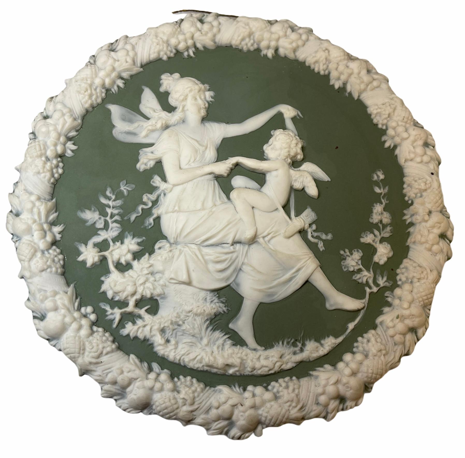 Molded Pair of Green Jasperware Wall Round Wall Plate