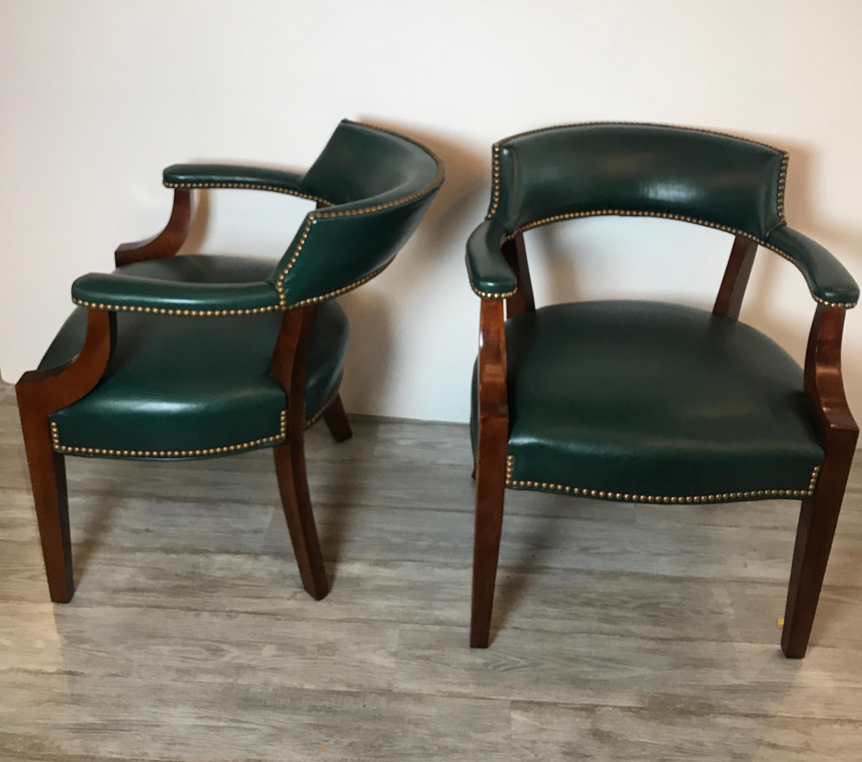 Pair of Green Leather and Mahogany Library Armchairs 3