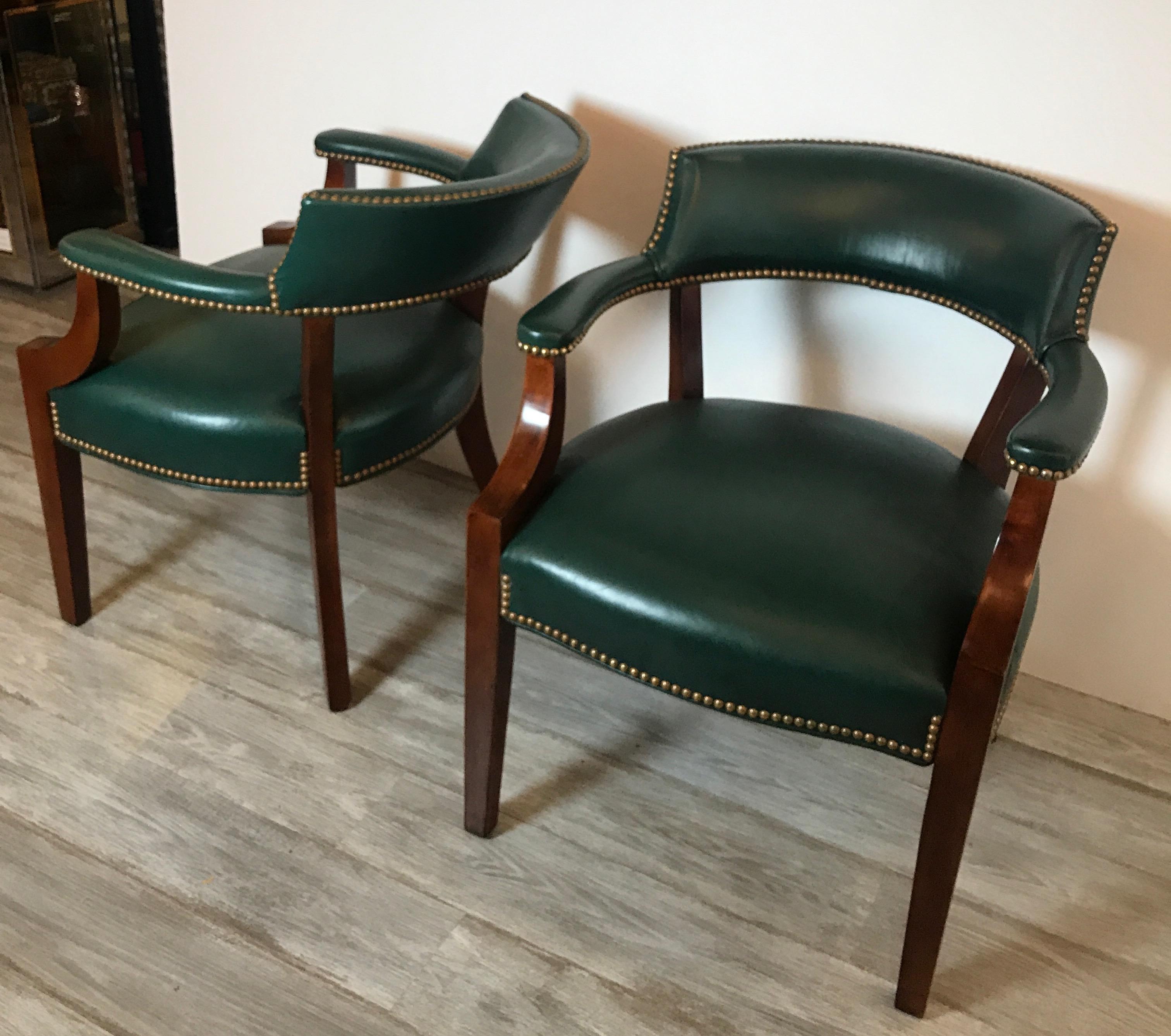 Pair of Green Leather and Mahogany Library Armchairs 4