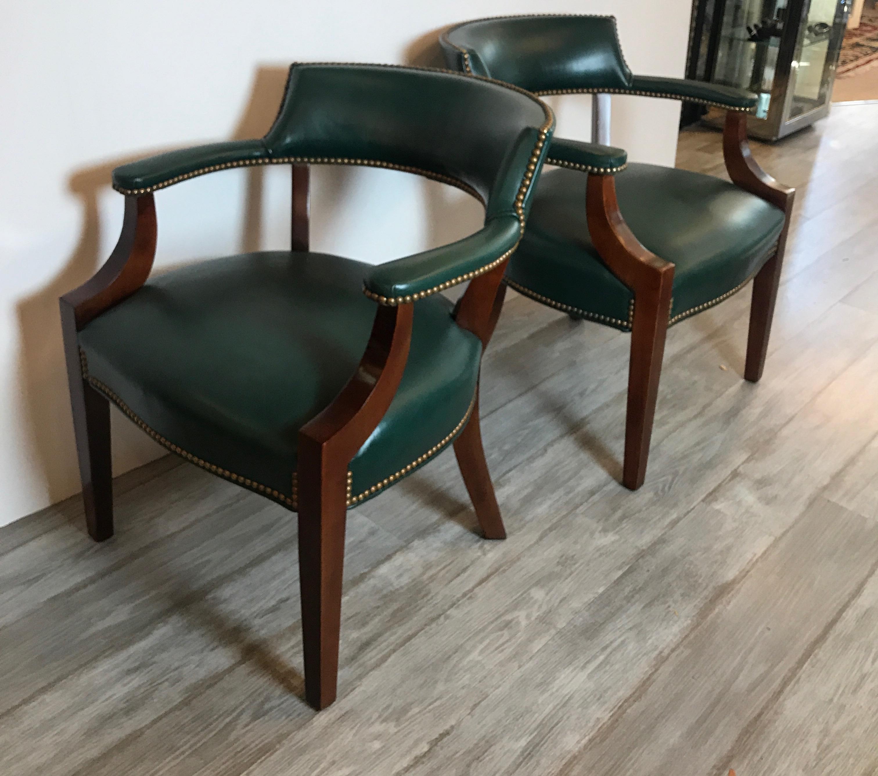 Pair of Green Leather and Mahogany Library Armchairs 5