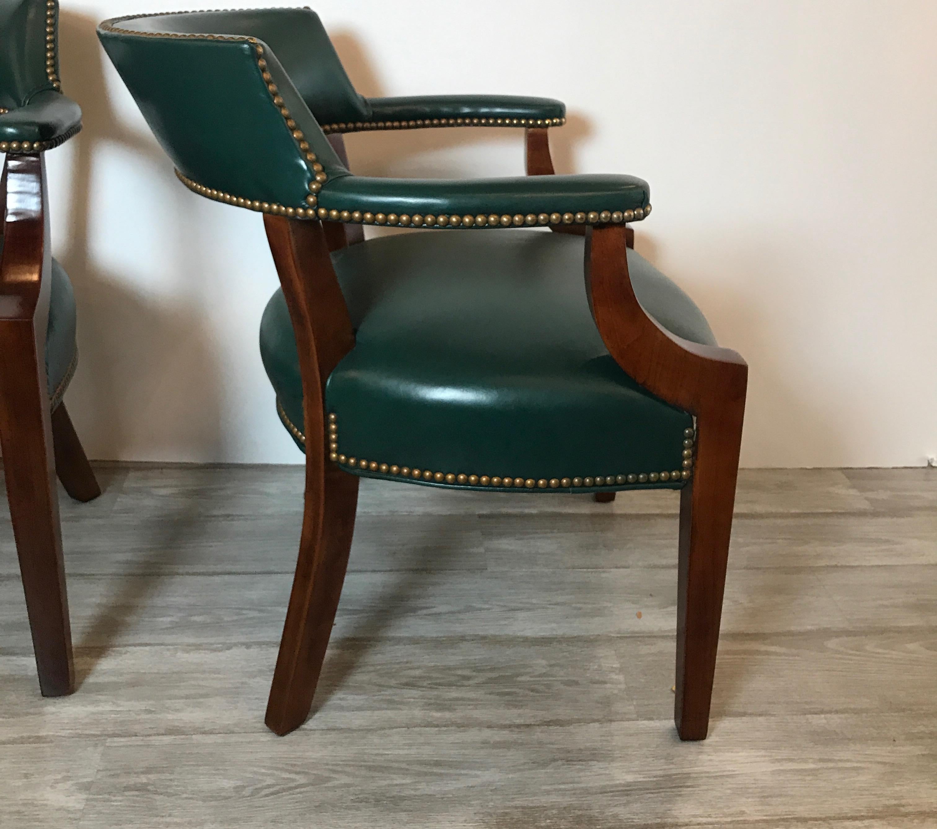 Edwardian Pair of Green Leather and Mahogany Library Armchairs