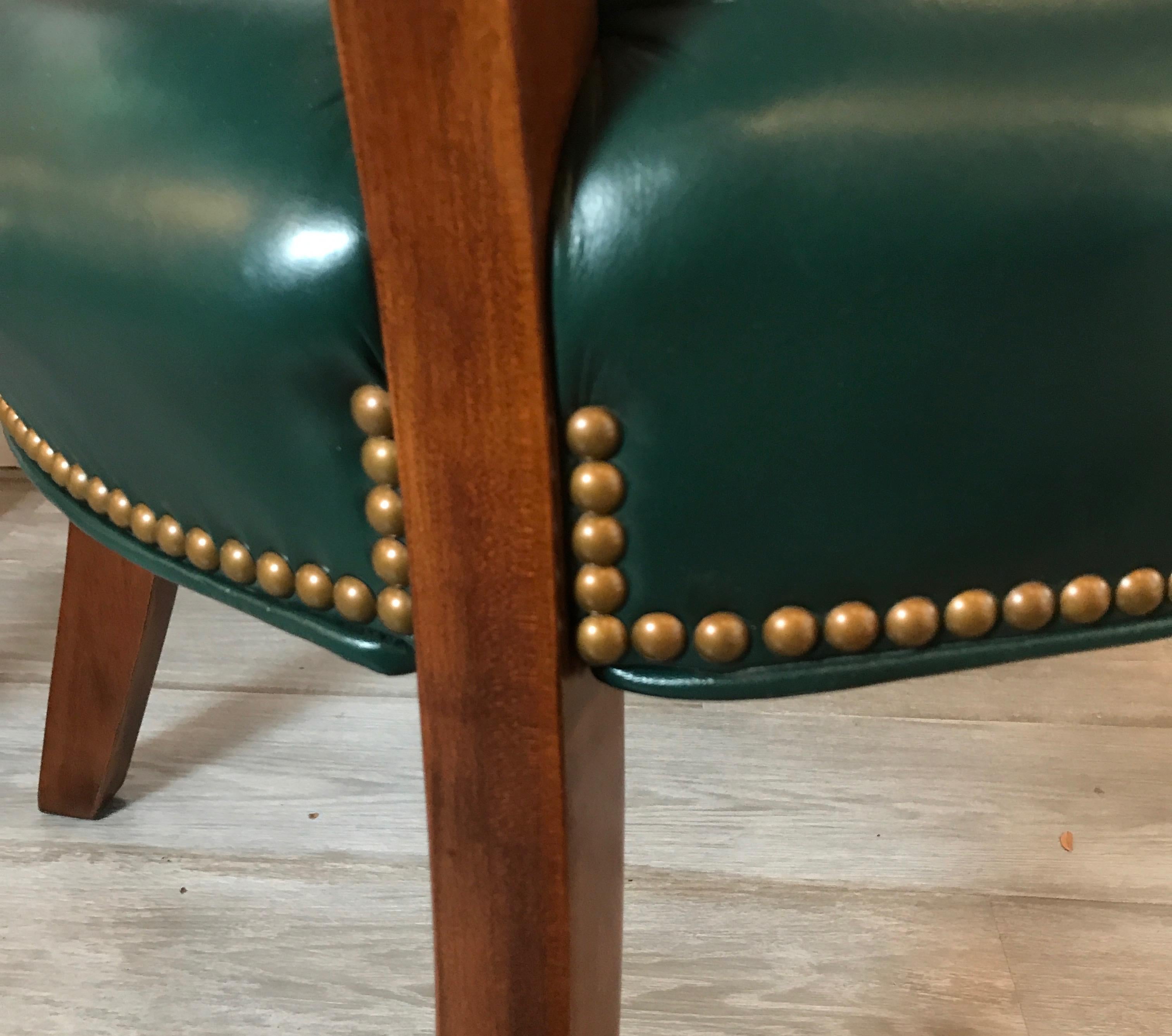 Pair of Green Leather and Mahogany Library Armchairs In Good Condition In Lambertville, NJ