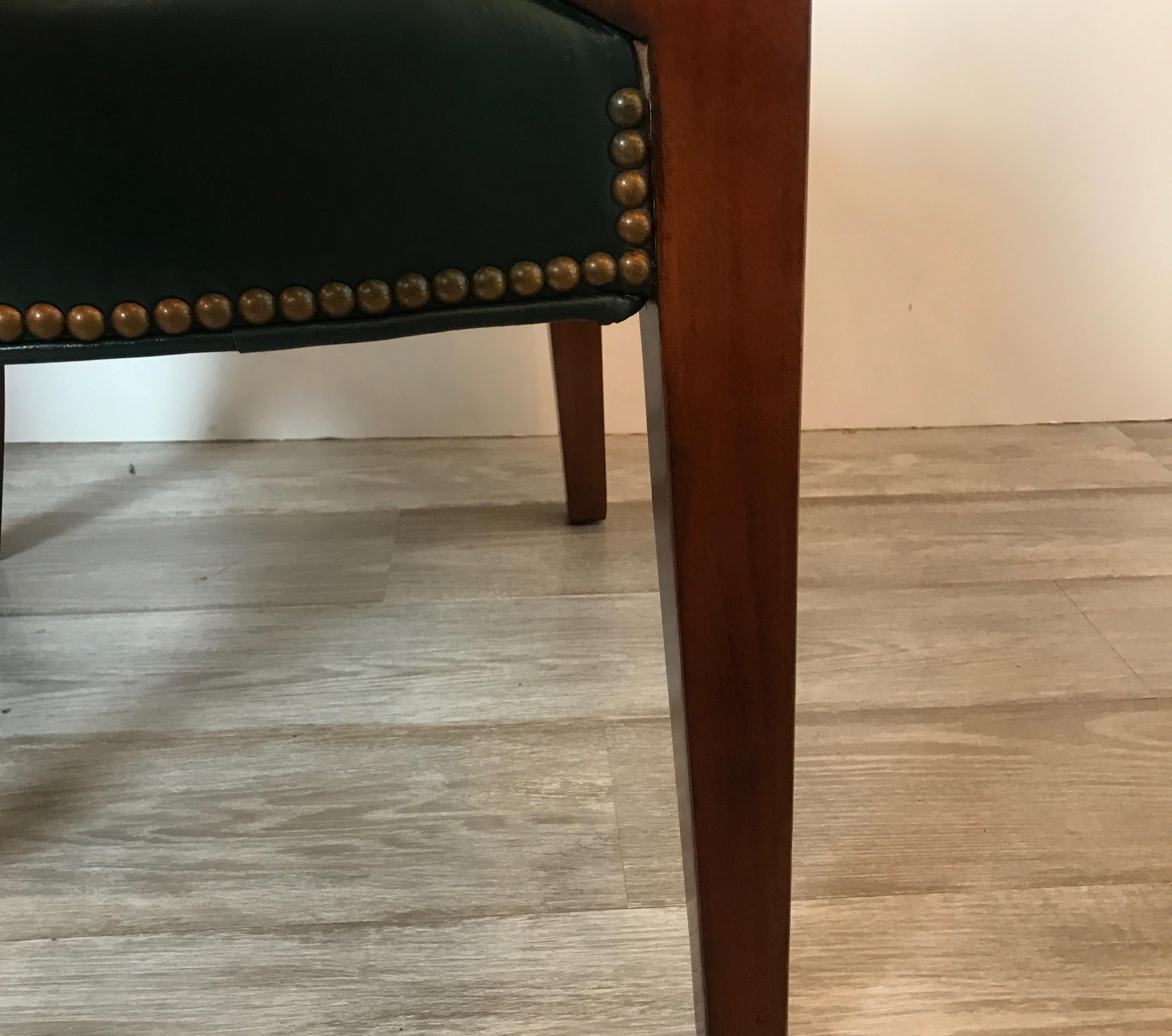 Brass Pair of Green Leather and Mahogany Library Armchairs