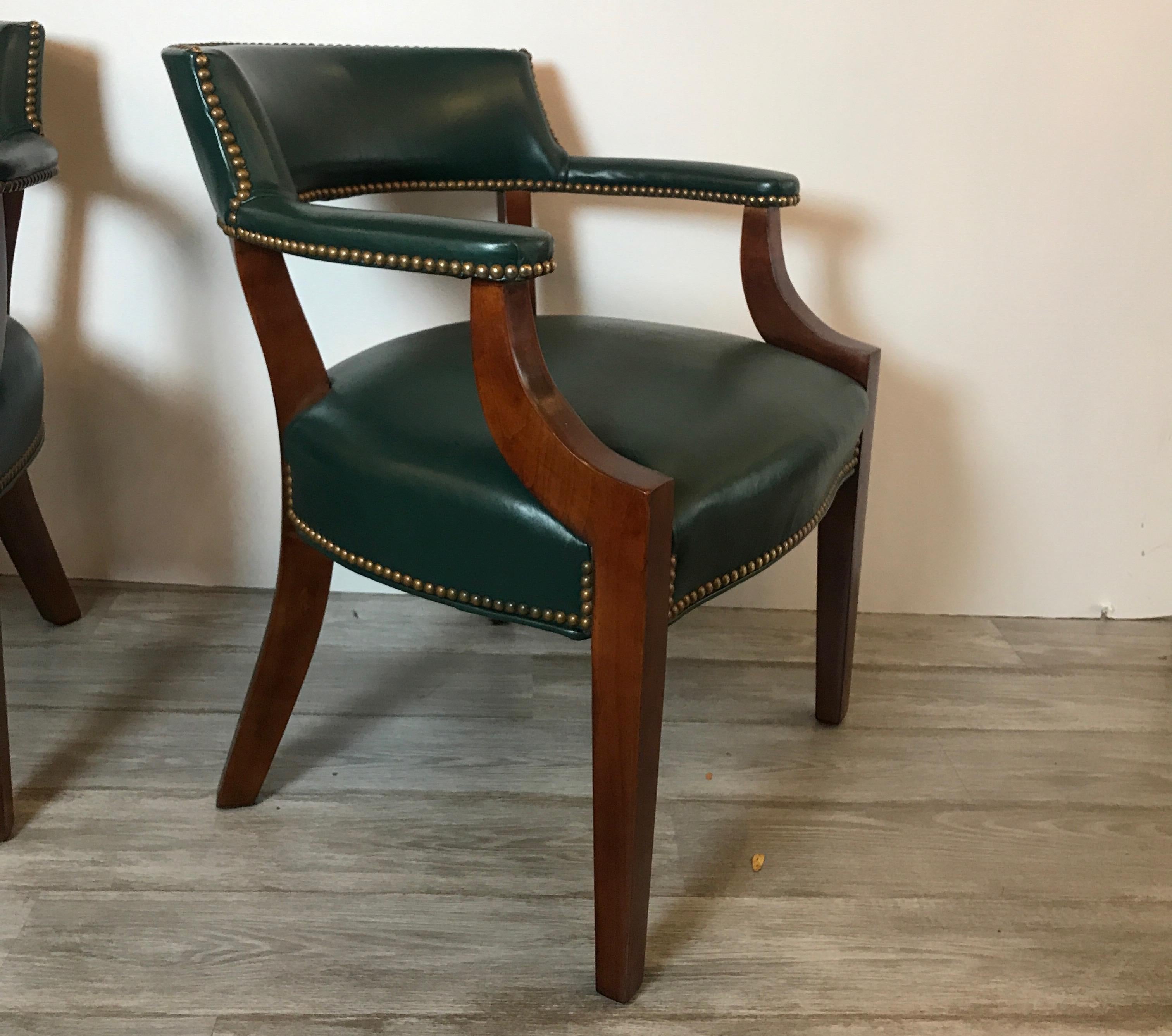 Pair of Green Leather and Mahogany Library Armchairs 1