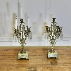 A Pair of Green Marble and Brass 5 Branch Candelabra   A beautiful pair toenhanc