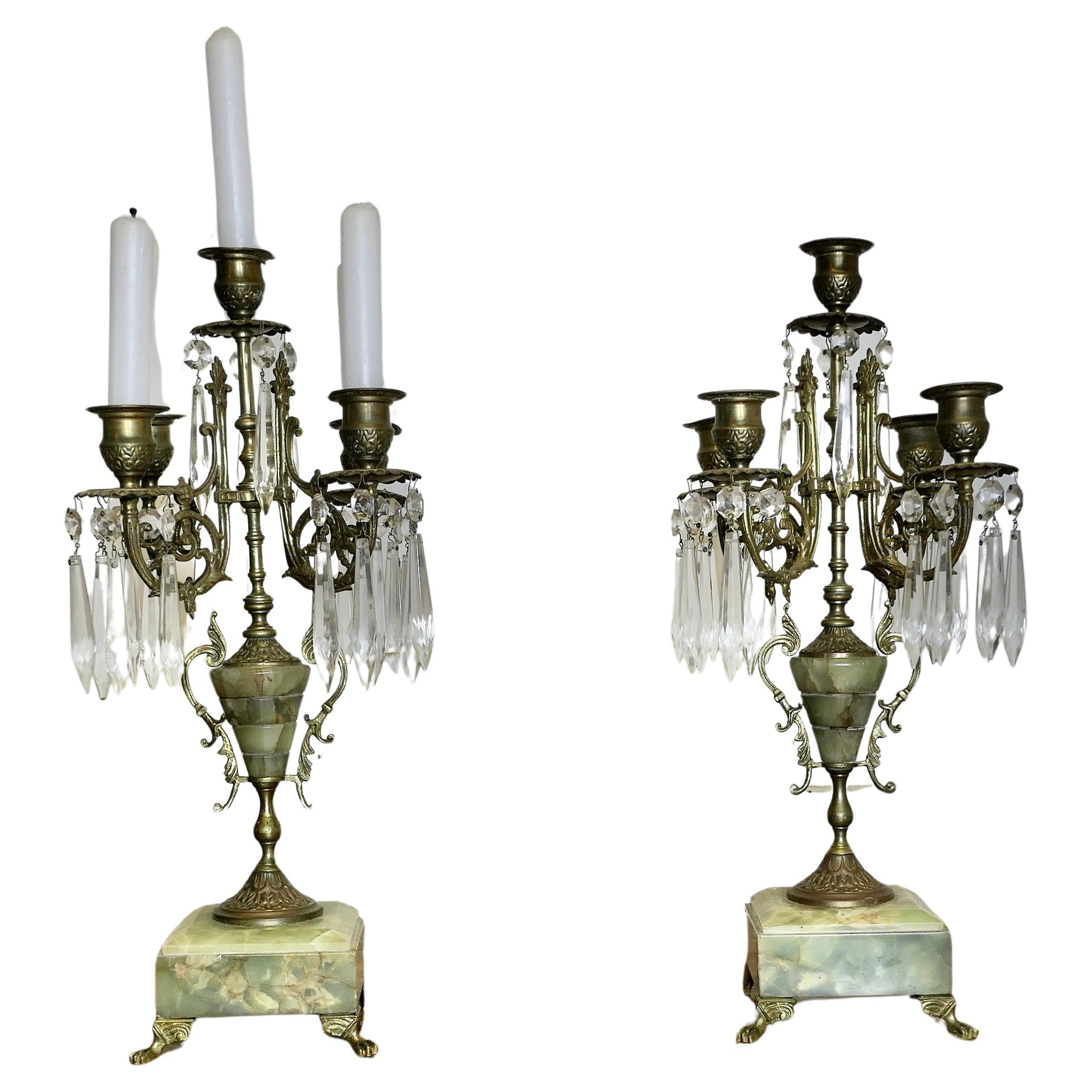 A Pair of Green Marble and Brass 5 Branch Candelabra   A beautiful pair toenhanc