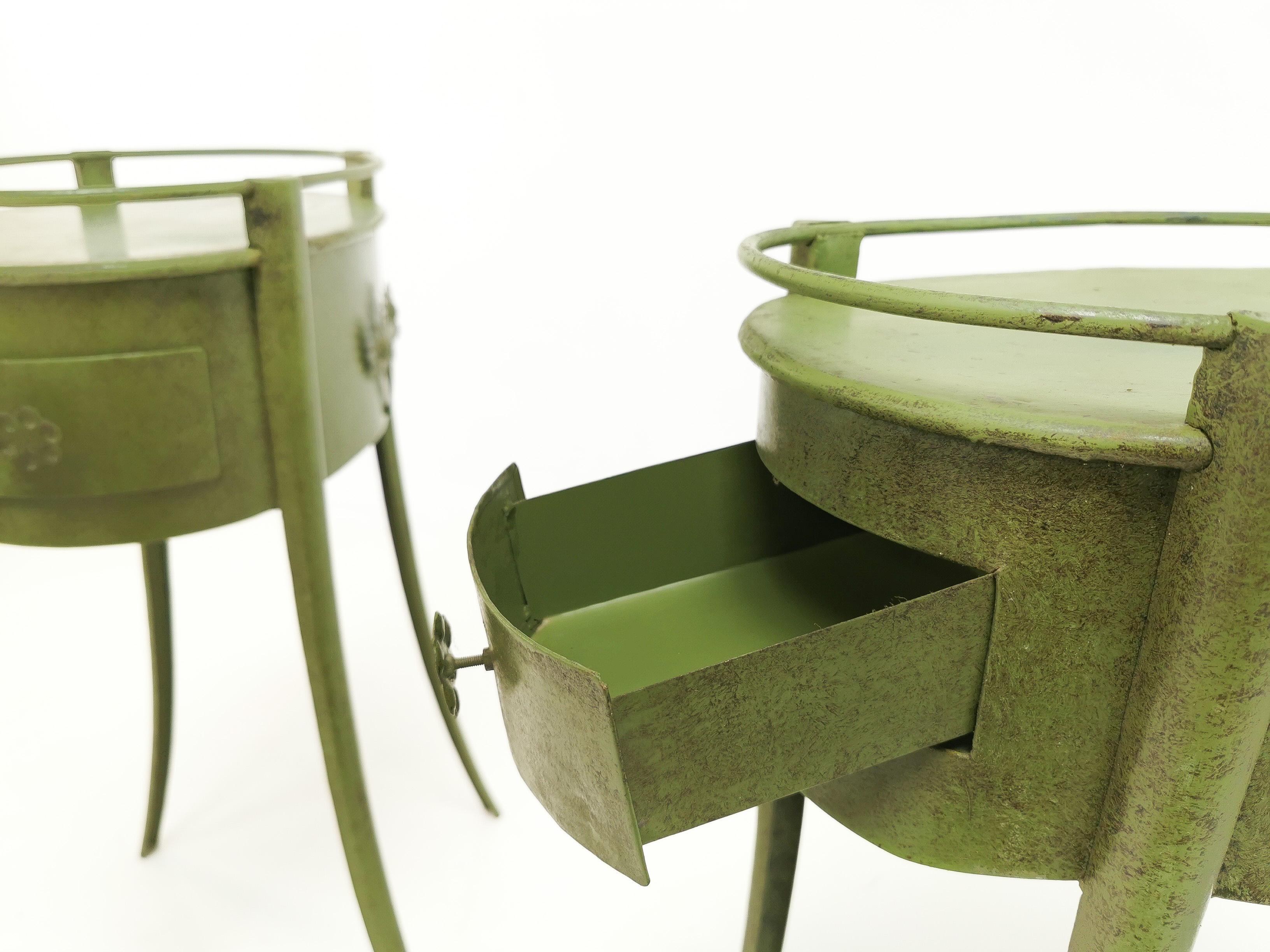 British Pair of Green Metal Industrial Vintage Side Tables