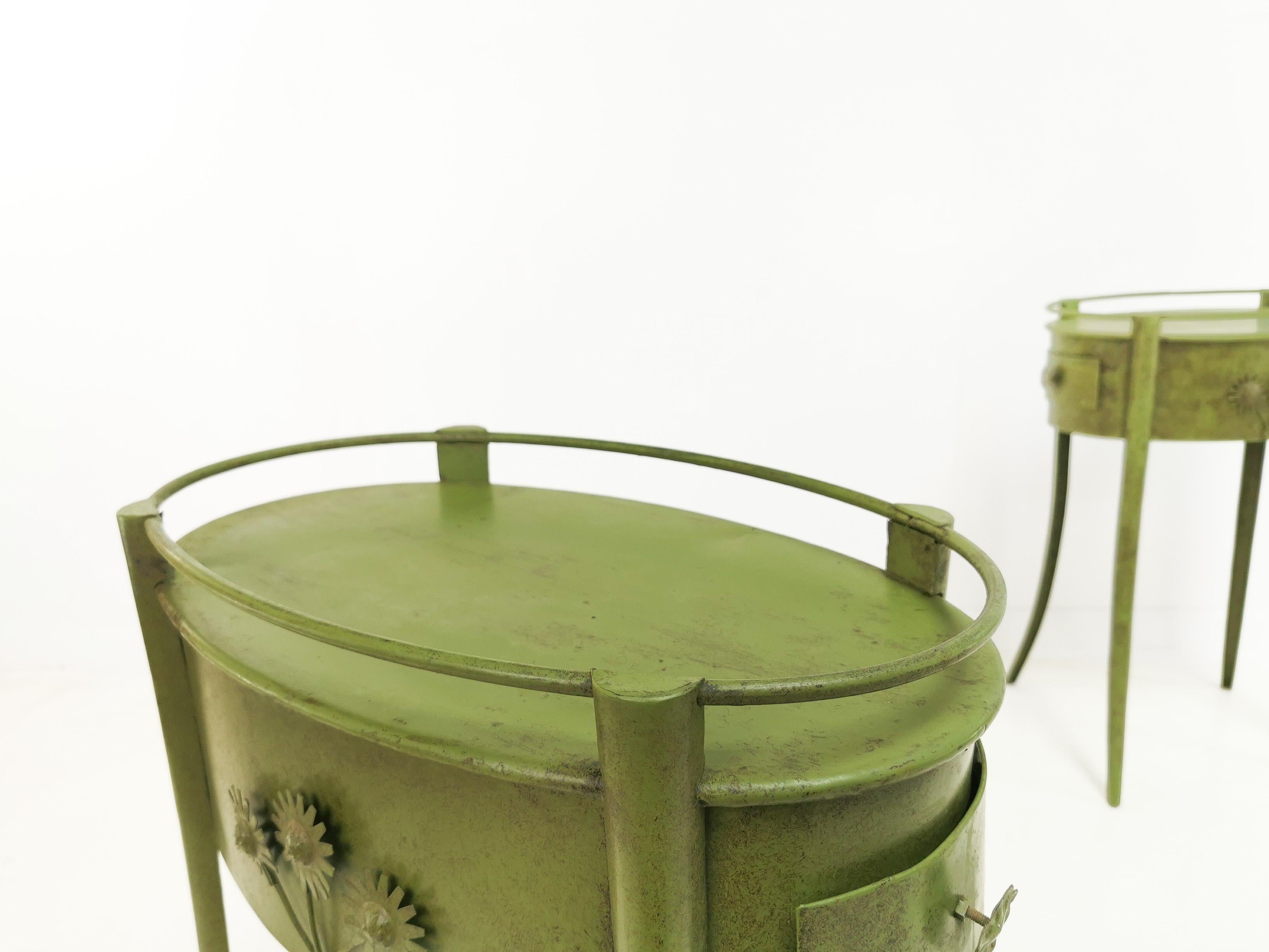 20th Century Pair of Green Metal Industrial Vintage Side Tables