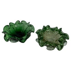 A Pair of Green Murano Frill Edge Bowls, One with Gold Flecks