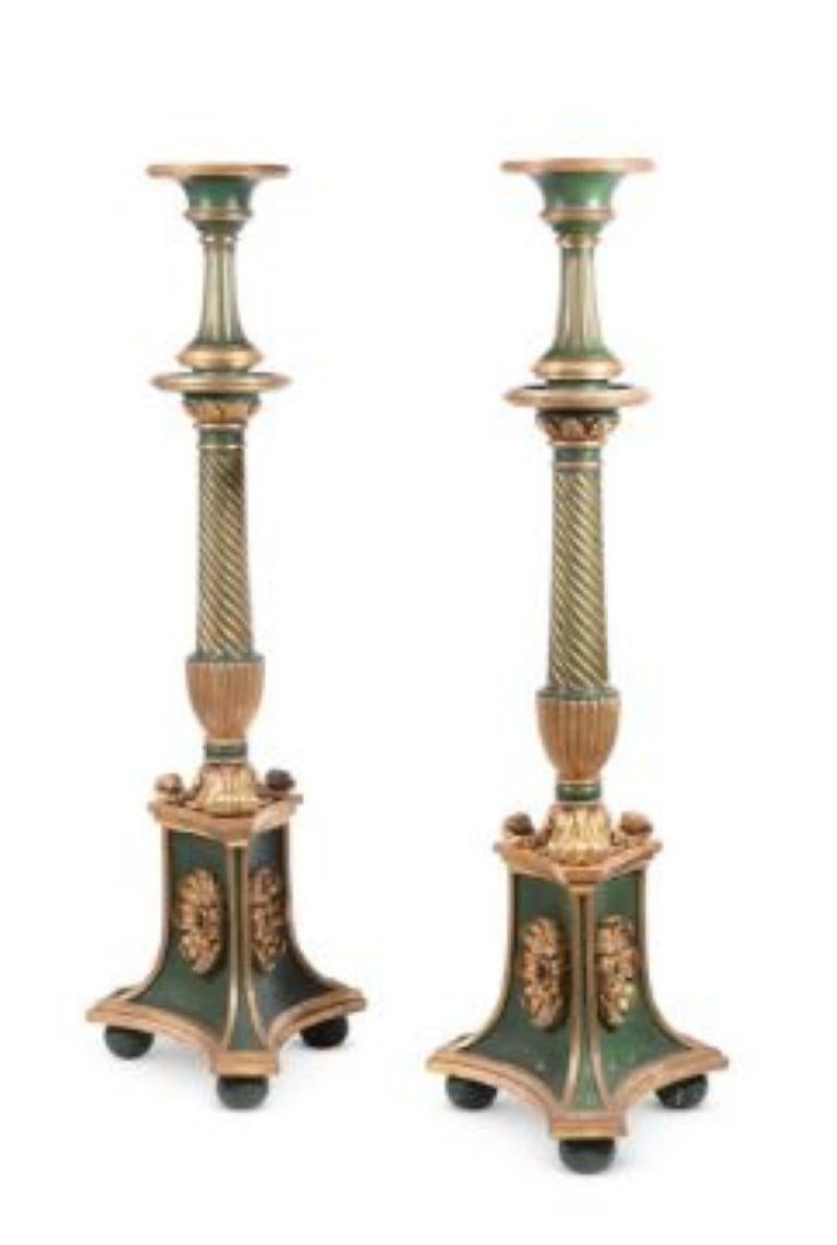 Wood A Pair of Green Painted and Parcel Gilt Torchers, 19th Century For Sale