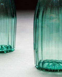 A Pair of Green Slice Cut Victorian Decanters