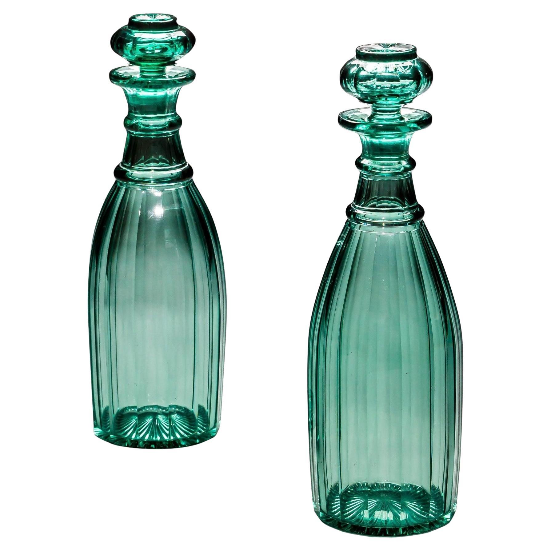 A Pair of Green Slice Cut Victorian Decanters