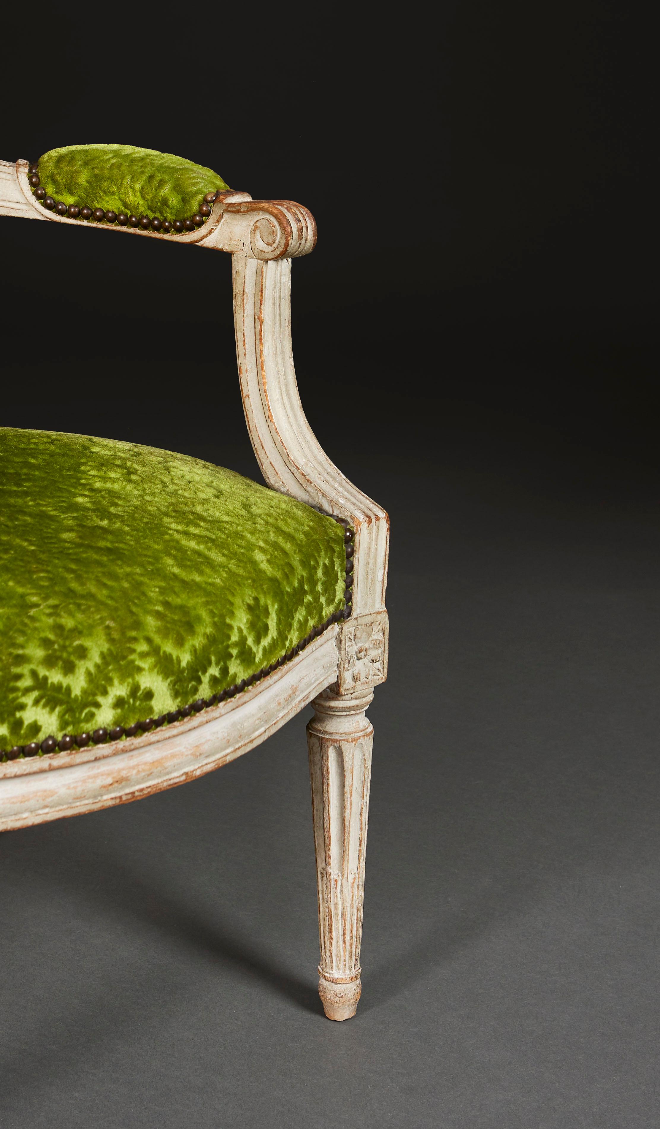 18th Century A pair of green velvet Louis XVI fauteuils armchairs  For Sale
