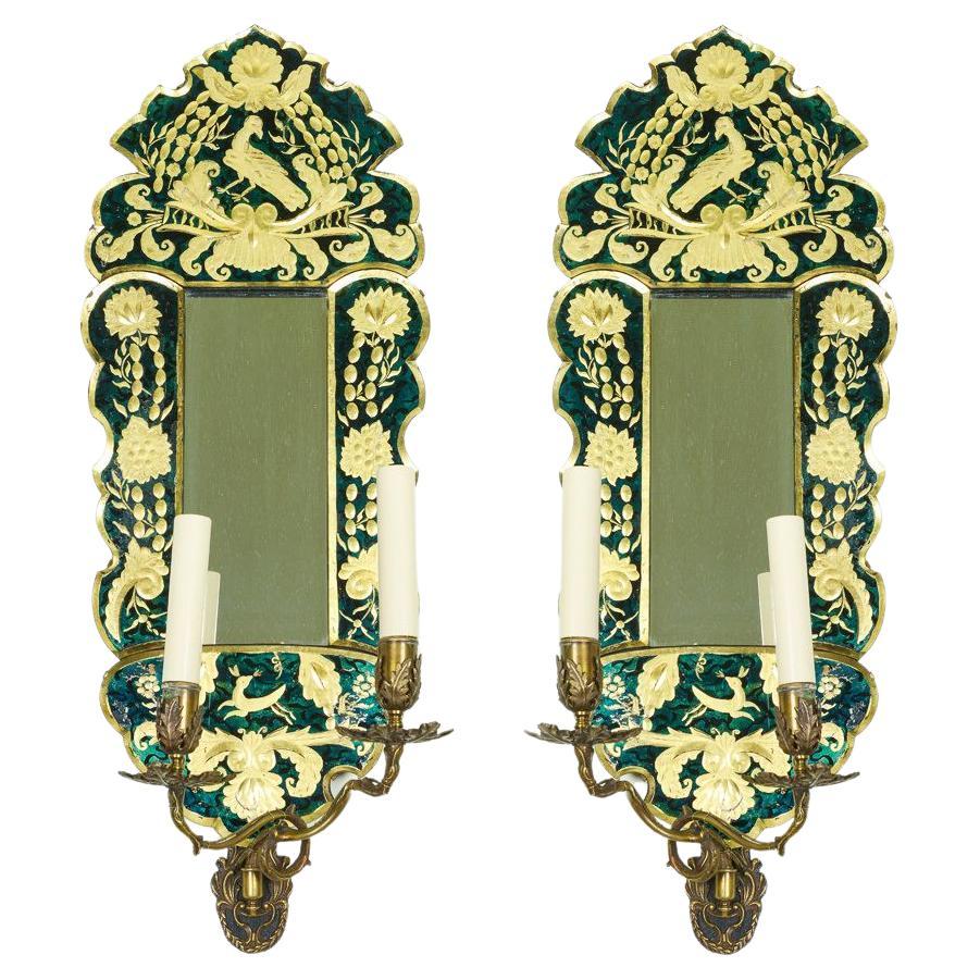 Pair of Green Verre Eglomisé Mirrored Wall Sconces For Sale