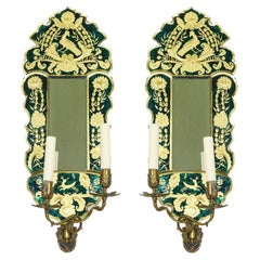 Pair of Green Verre Eglomisé Mirrored Wall Sconces