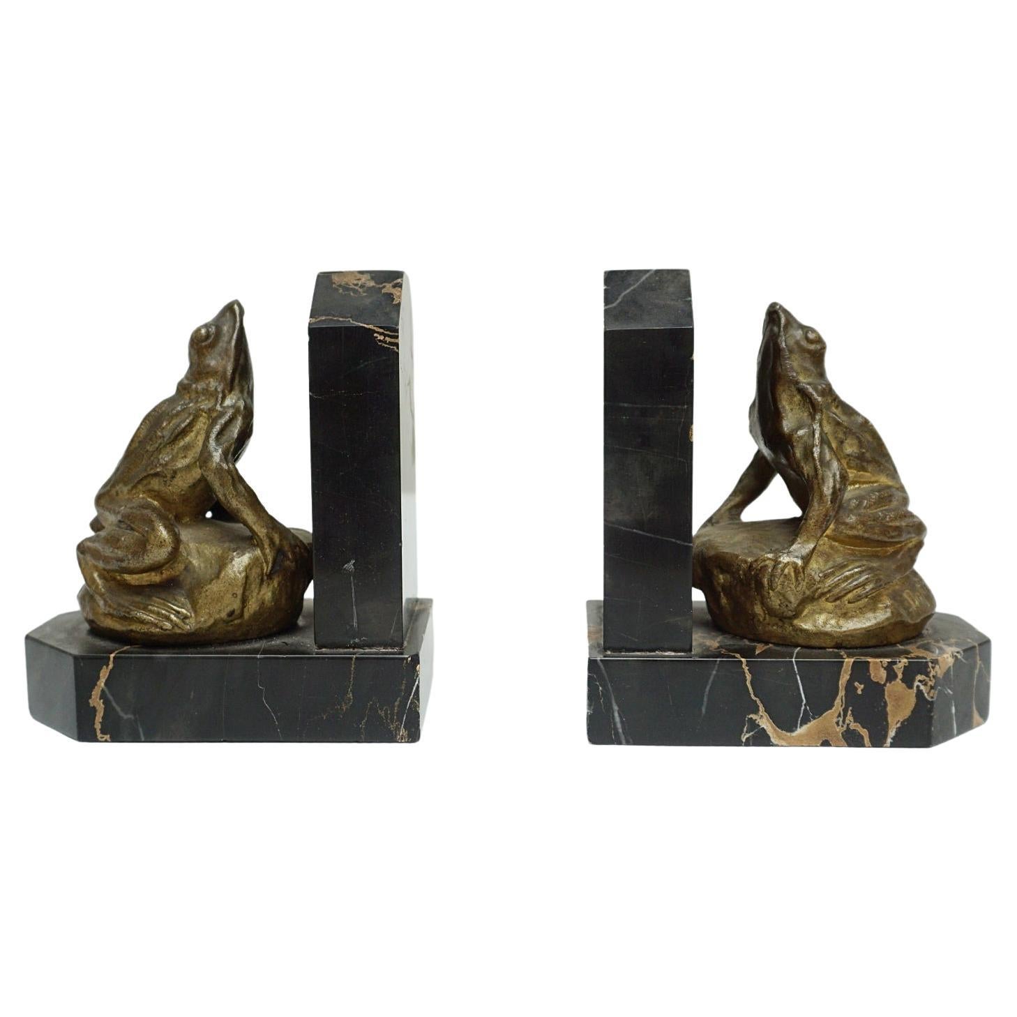 Paire de serre-livres Art Déco grenouille en bronze massif français C1920