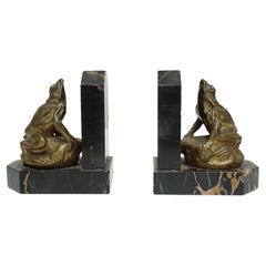 Antique Pair of Solid Bronze Art Deco Frog Bookends French C1920