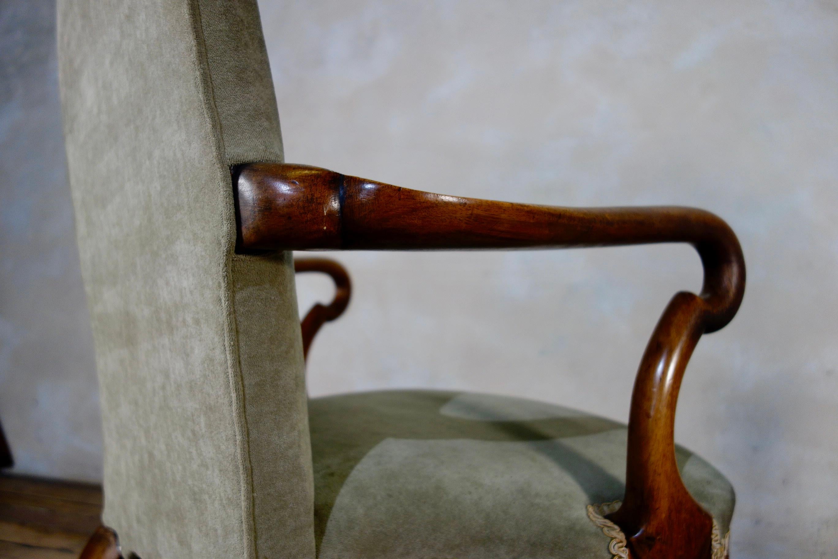 Pair of Grey Upholstered George I Style Walnut Shepherd Crook Armchairs Chair 5