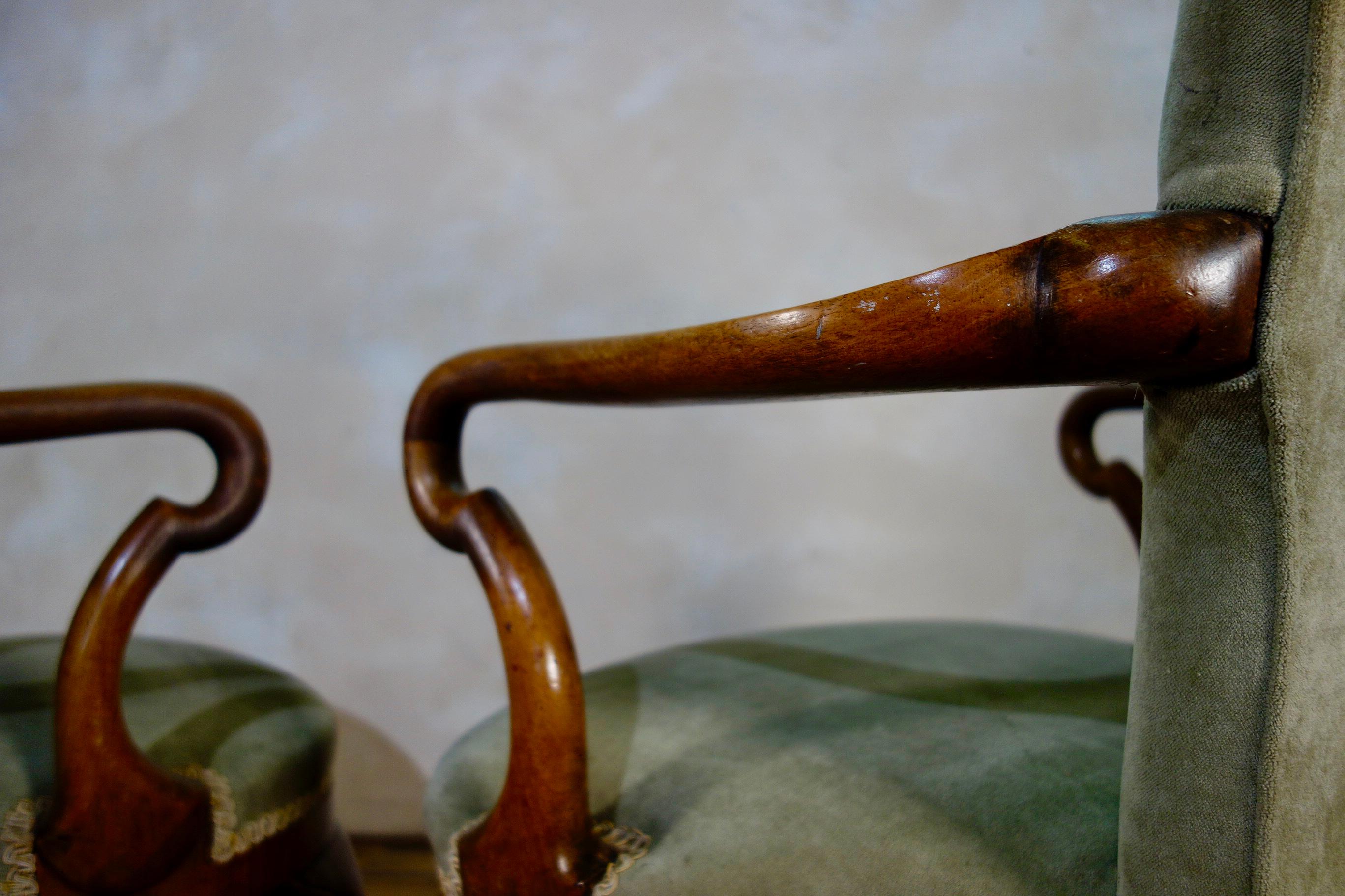 Pair of Grey Upholstered George I Style Walnut Shepherd Crook Armchairs Chair 6