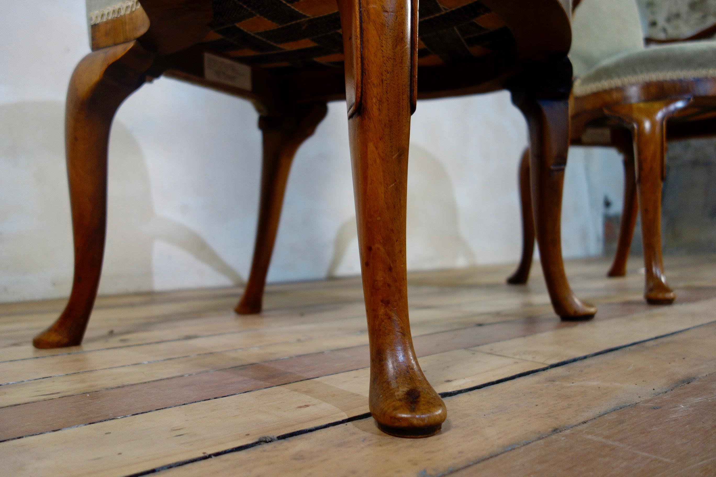 20th Century Pair of Grey Upholstered George I Style Walnut Shepherd Crook Armchairs Chair