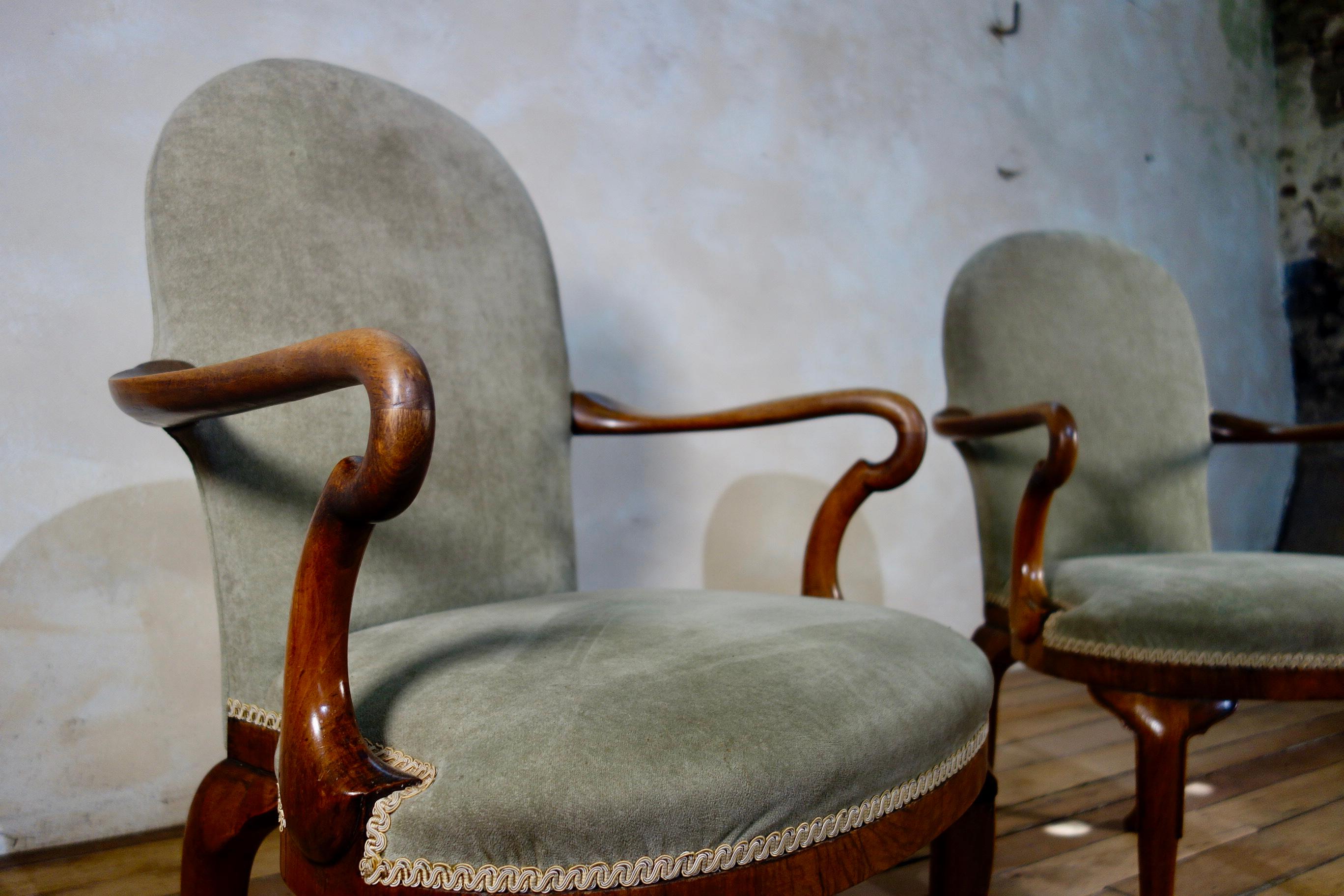 Pair of Grey Upholstered George I Style Walnut Shepherd Crook Armchairs Chair 1
