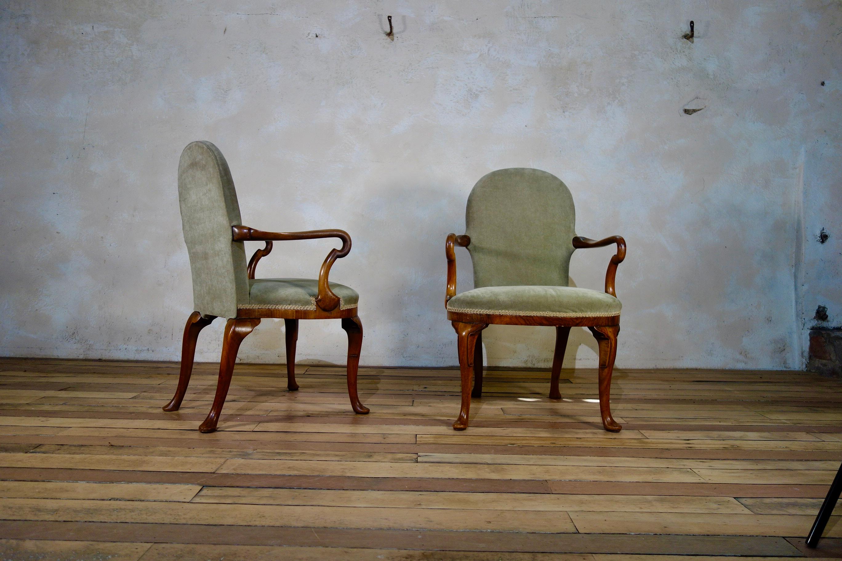 Pair of Grey Upholstered George I Style Walnut Shepherd Crook Armchairs Chair 2